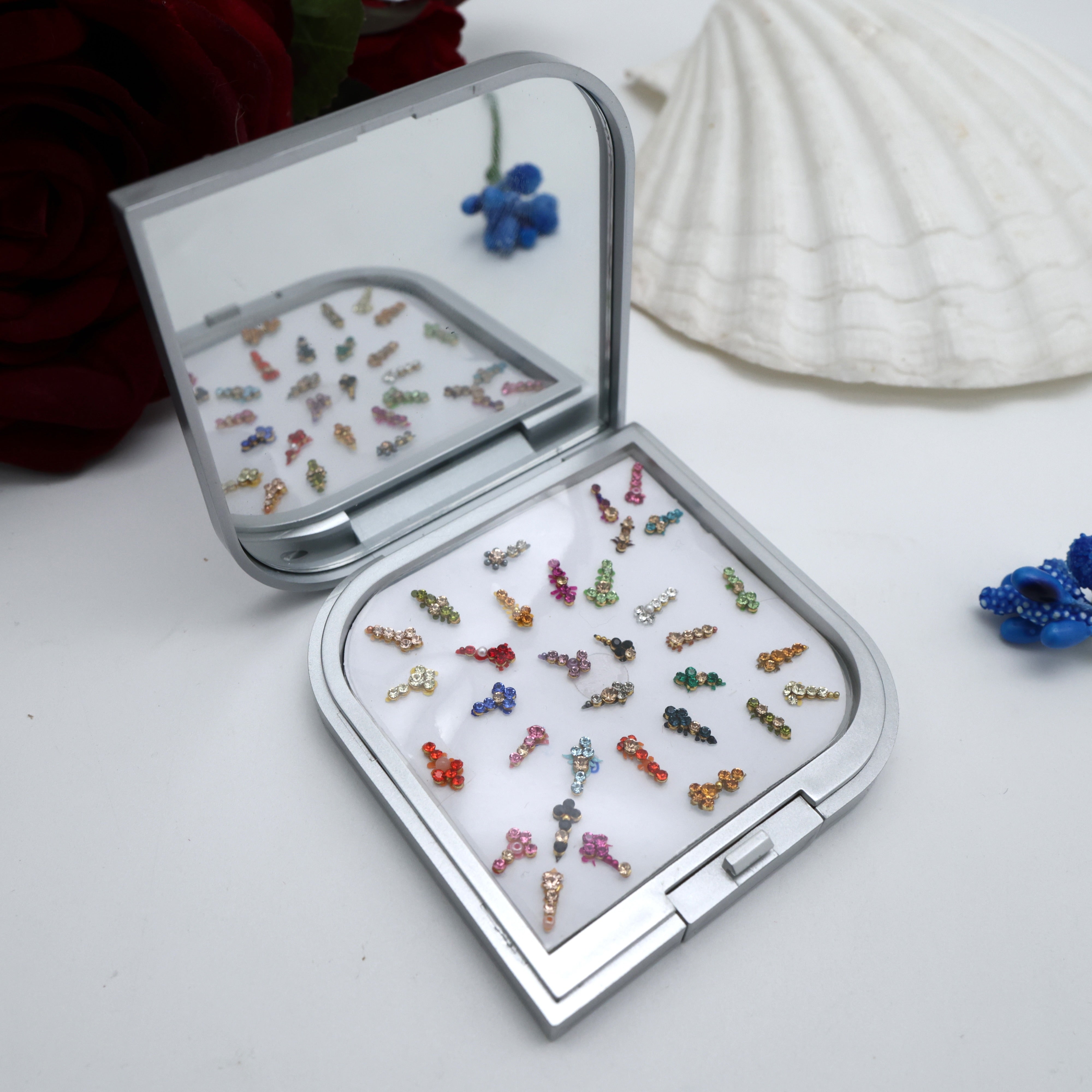 3Premium Fancy Bridal Stone Work Tilak Bindis Box with Mirror