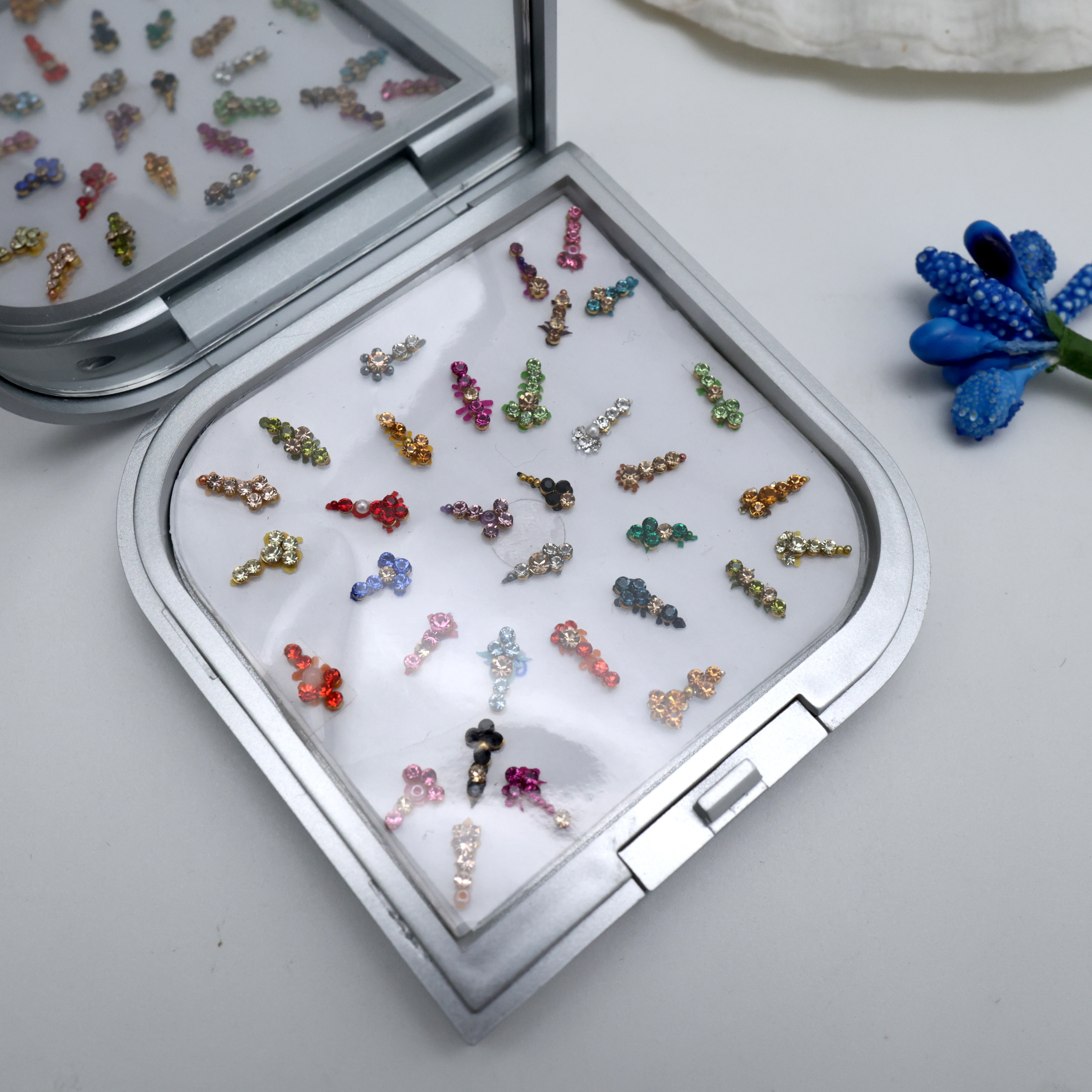 3Premium Fancy Bridal Stone Work Tilak Bindis Box with Mirror