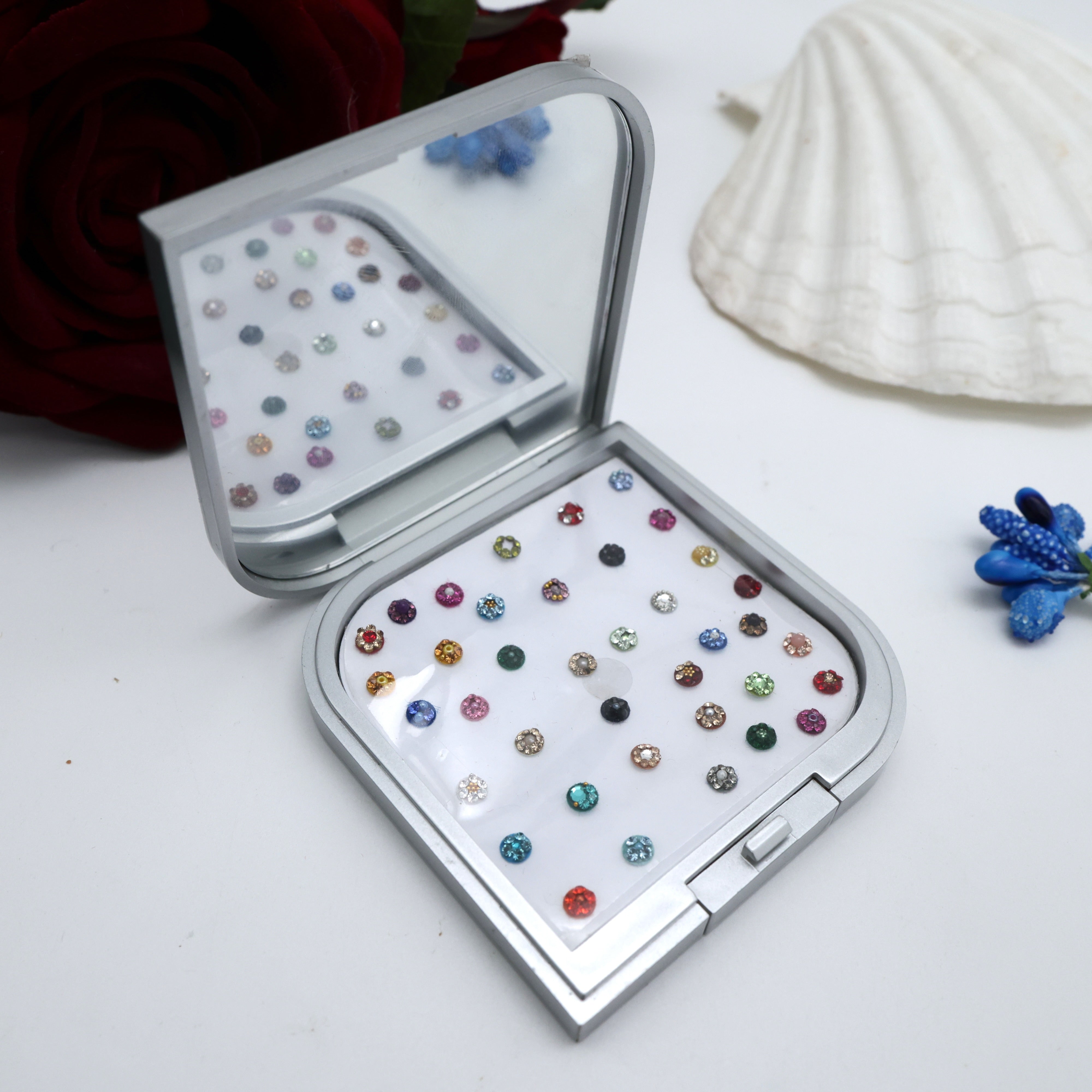 Premium Fancy Bridal Stone Work Round Bindis Box with Mirror