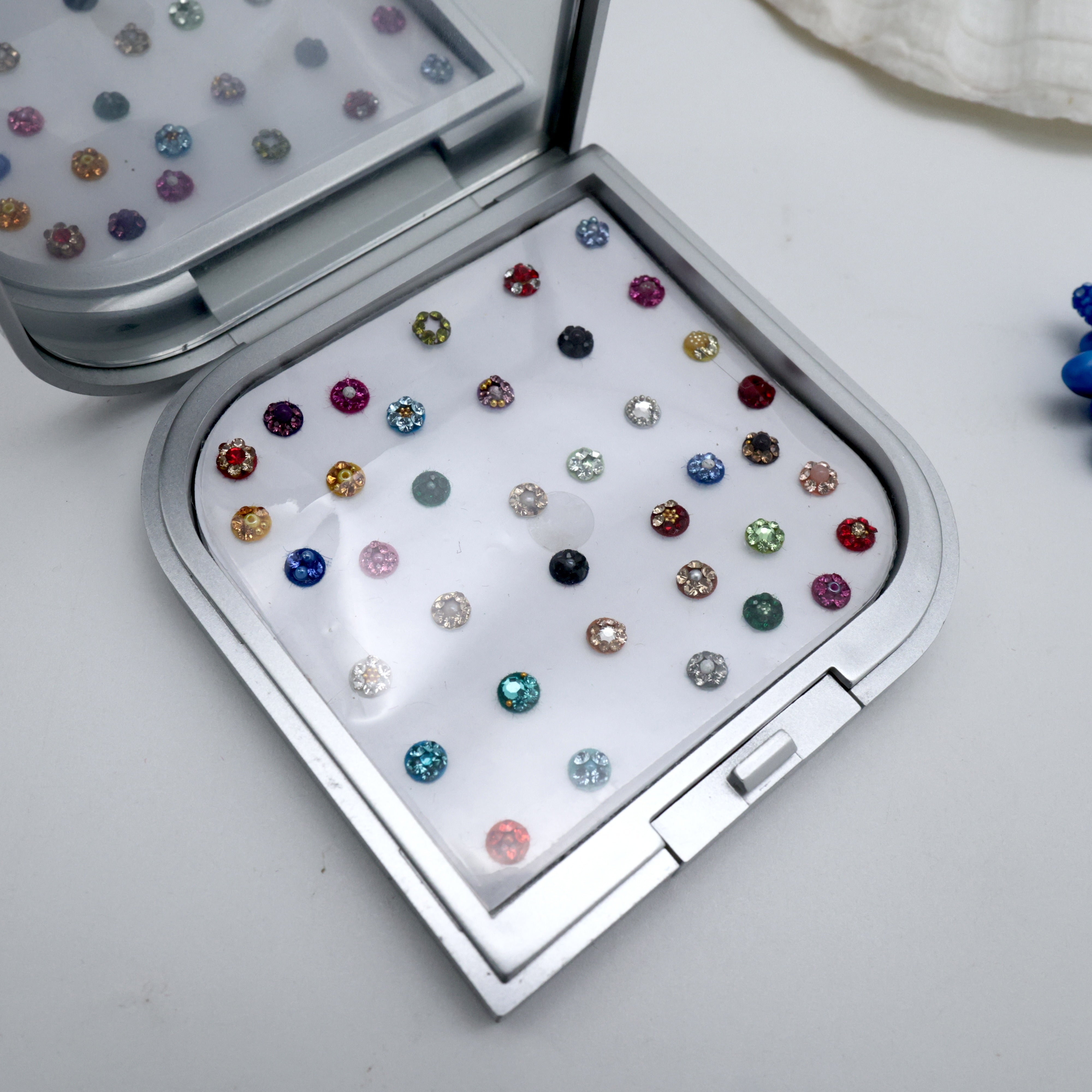 Premium Fancy Bridal Stone Work Round Bindis Box with Mirror