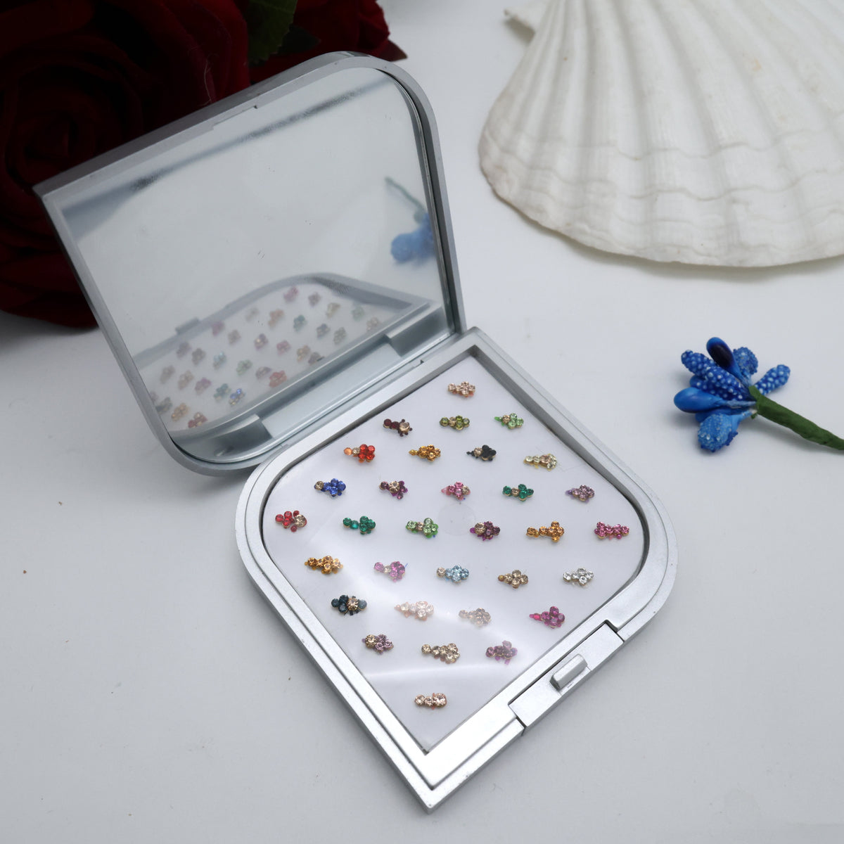 Premium Fancy Bridal Flower Tilak Bindis Box with Mirror
