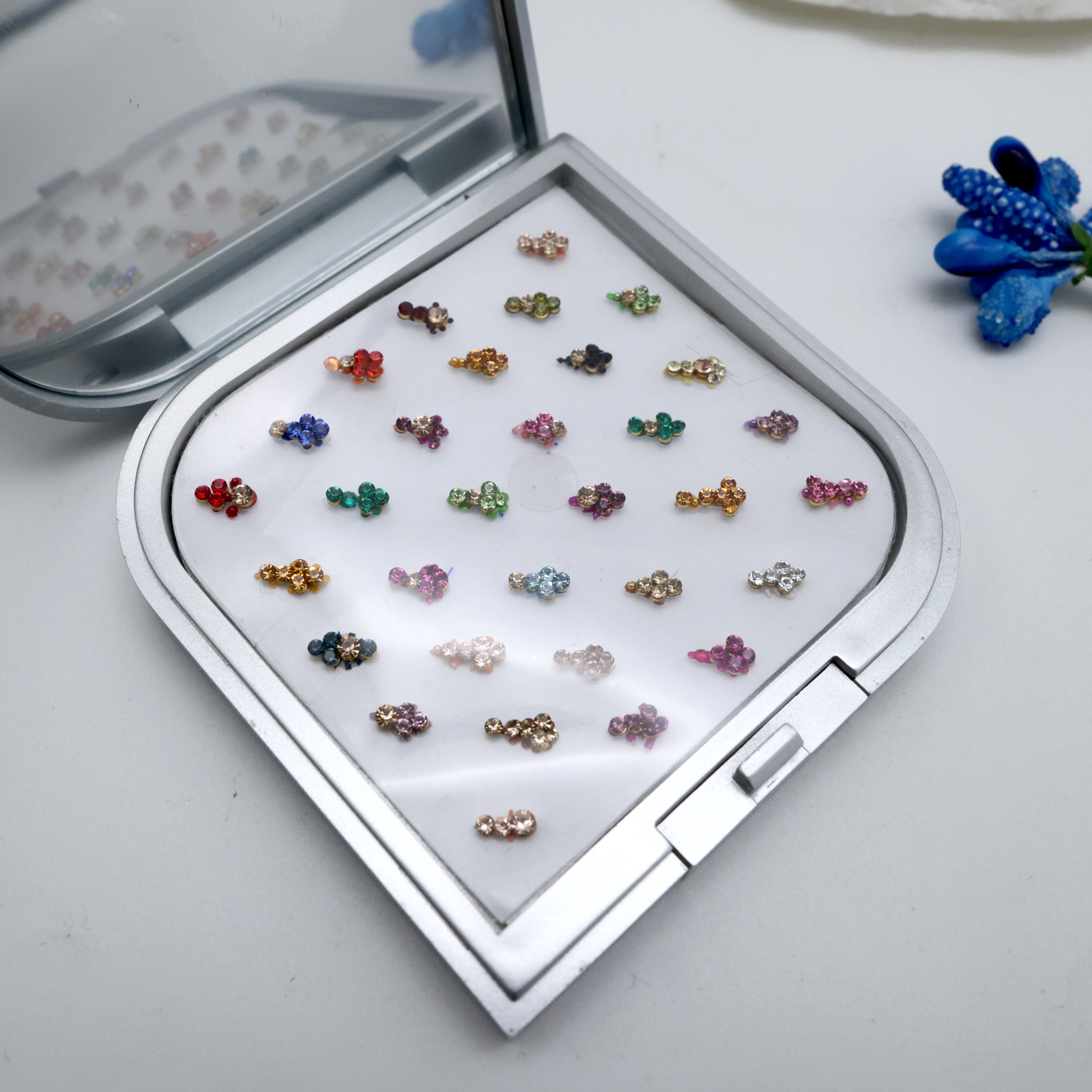 Premium Fancy Bridal Flower Tilak Bindis Box with Mirror