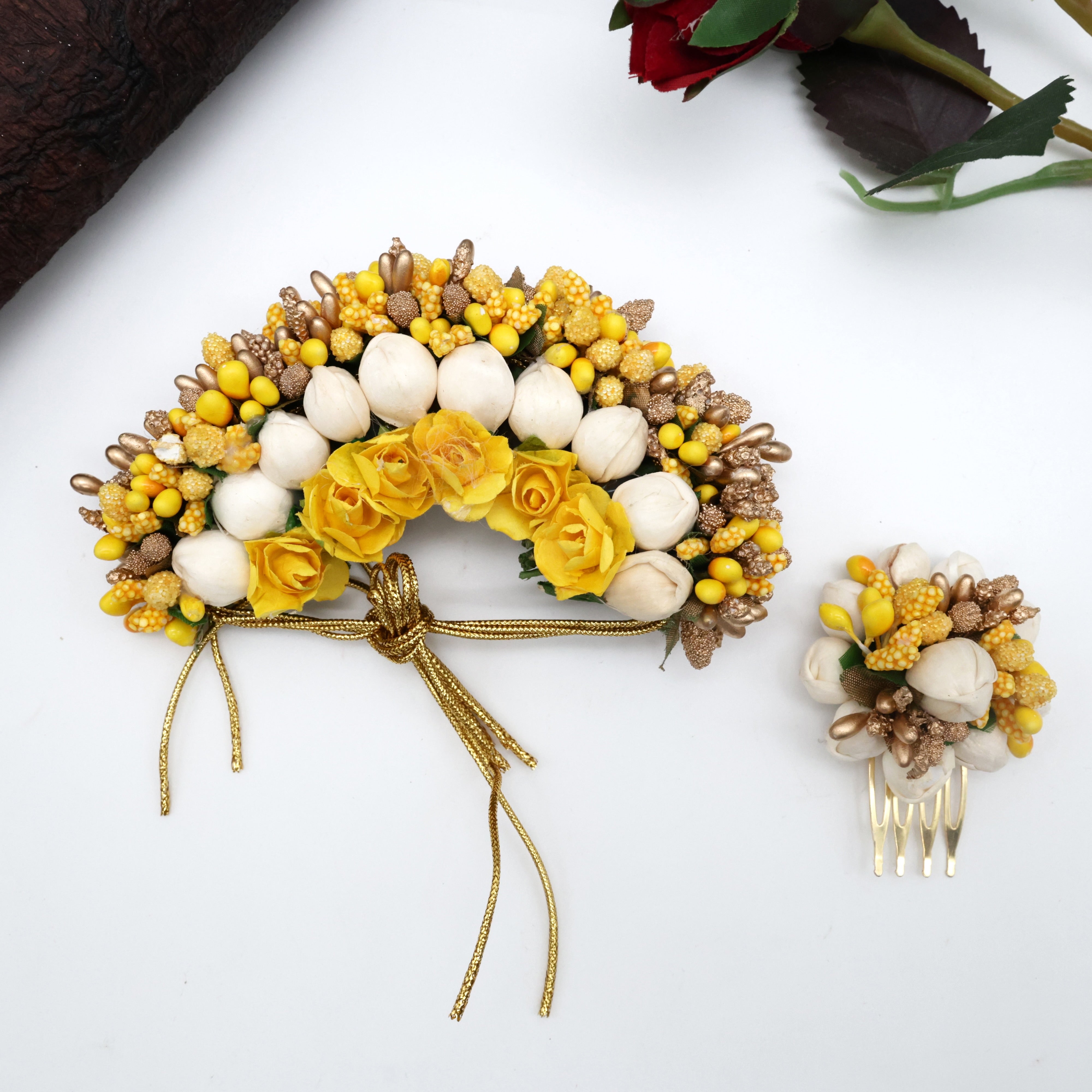 Handmade Pollens Jasmine Rose With Rose Mini Bridal Veni - Yellow