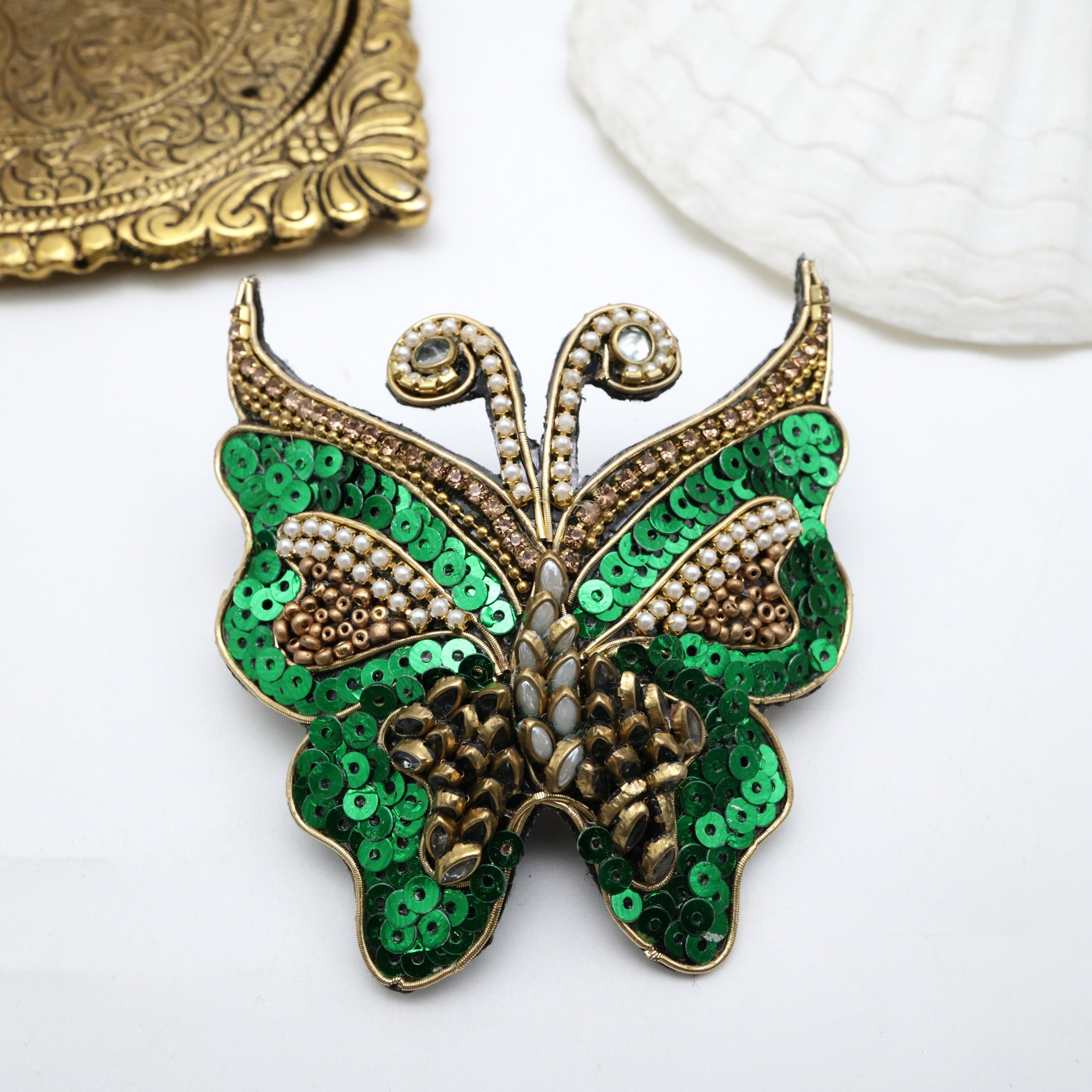 Handmade Sequins Kundan Butterfly French Barrette Hair Clip For Women