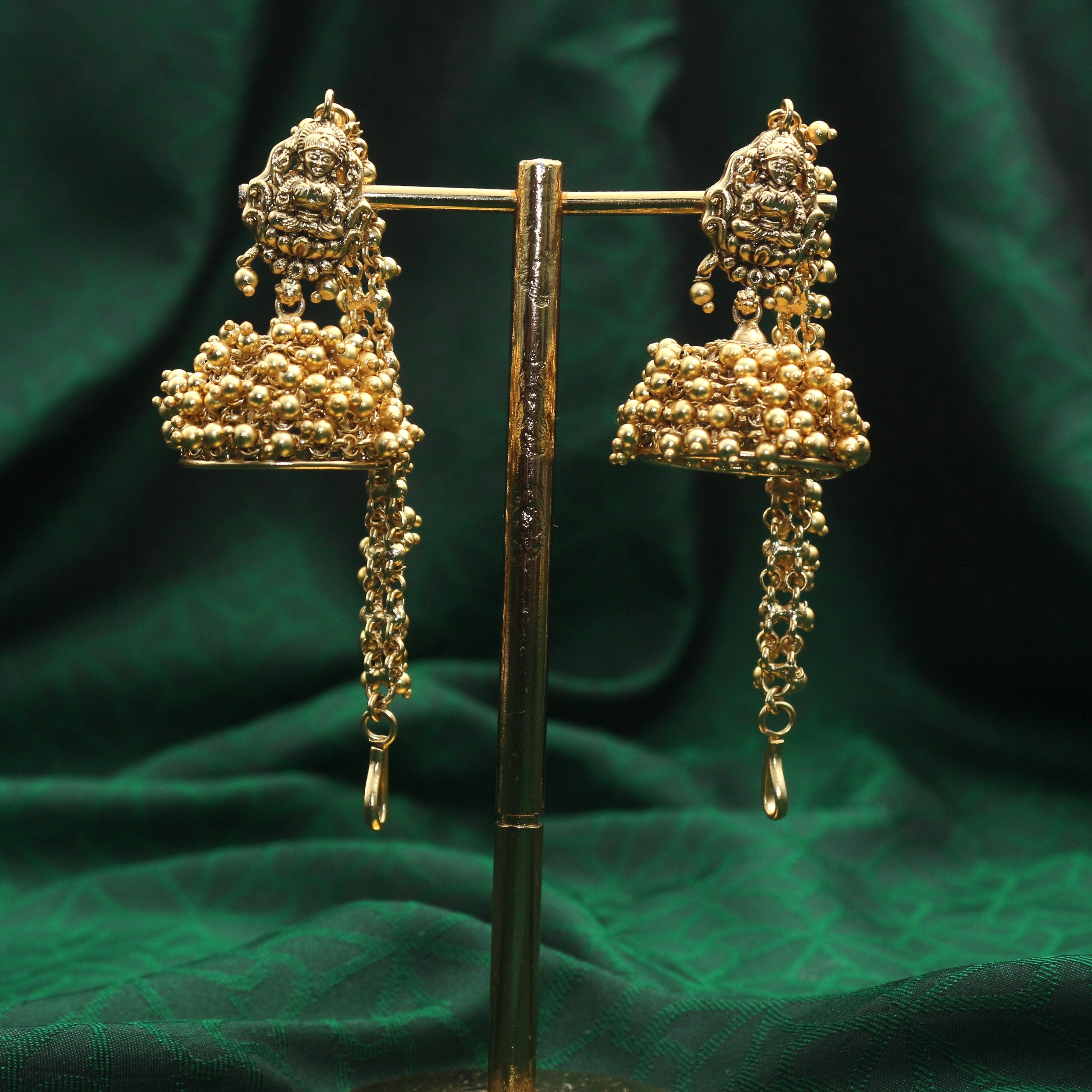 Antique Gold Premium Pearl Bunch Lakshmi Jhumkas with Ear Chain/Maatal