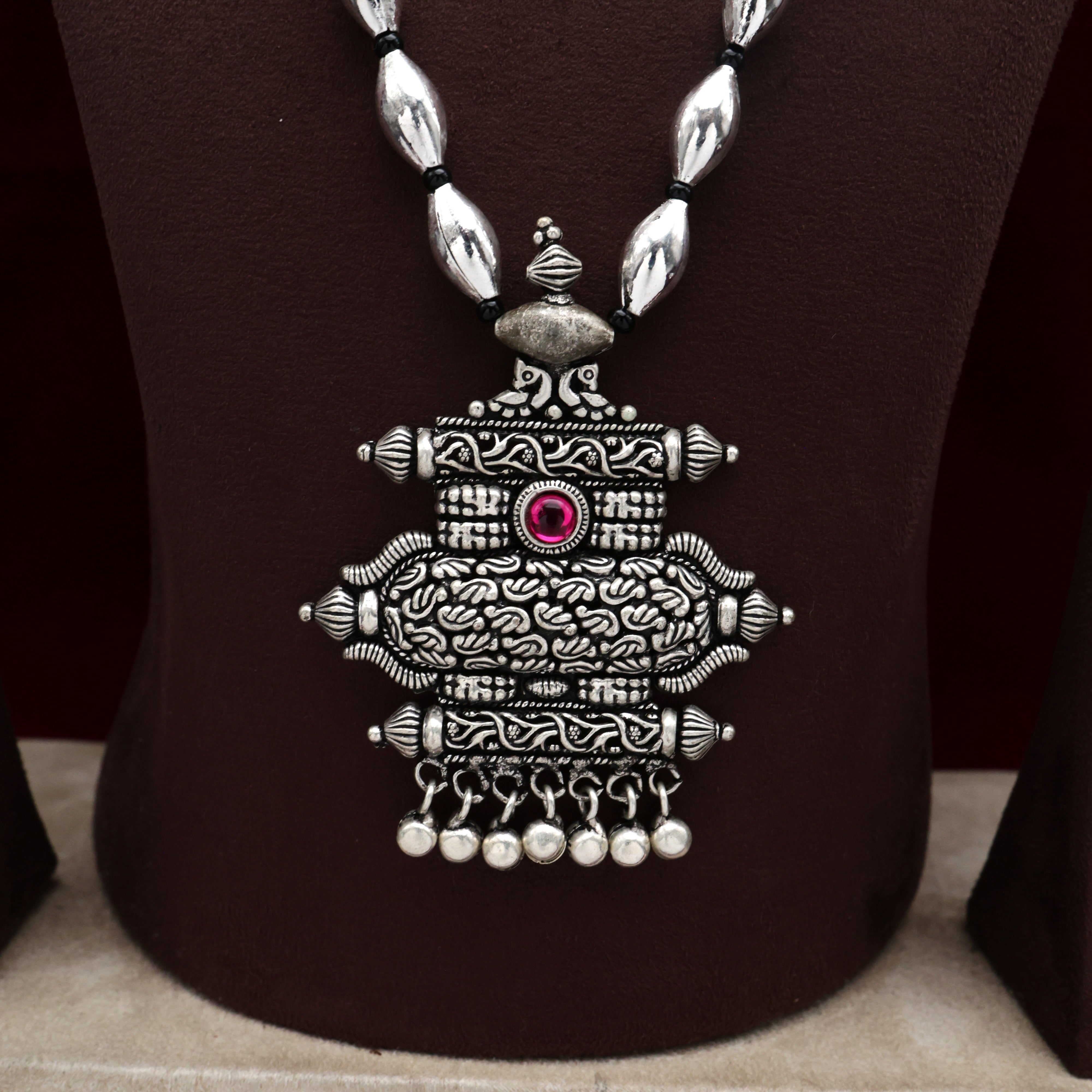 Silver Look Alike Kolhapuri Kalash Pendant Bor Mala Set