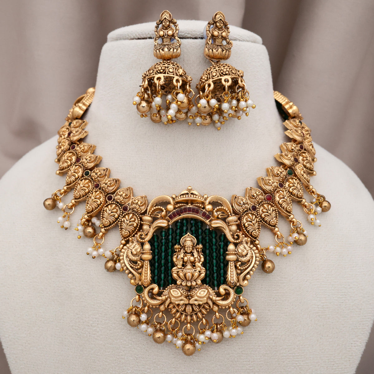 Antique Matte Nagas Green Beads Mantap Budget Bridal Necklace Set