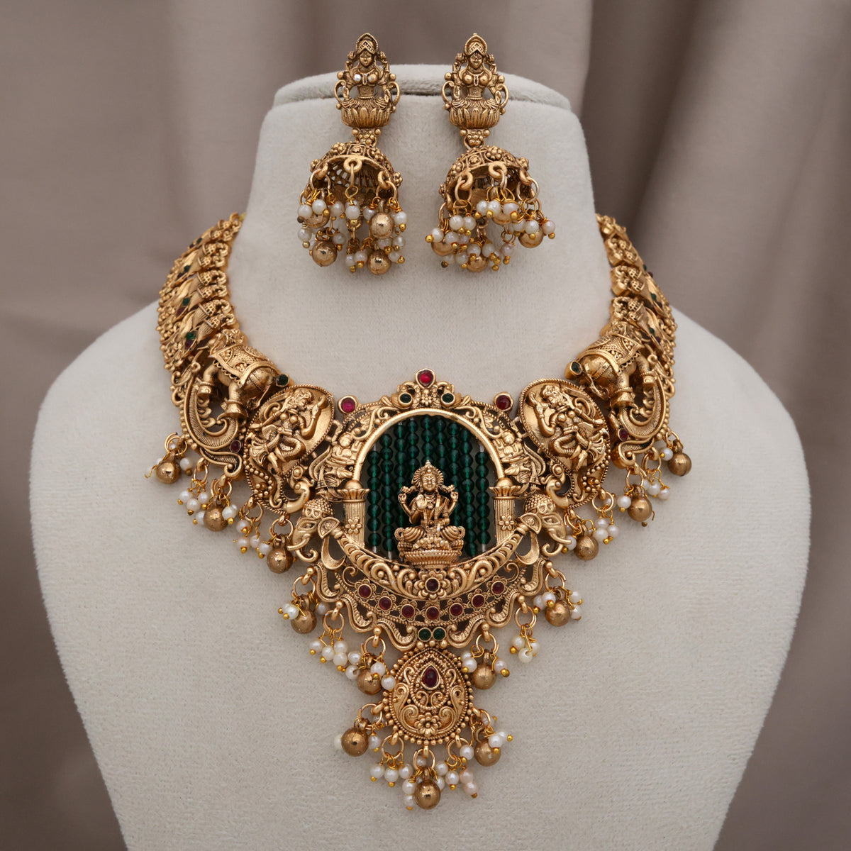 Antique Matte Nagas Green Mantap Lakshmi Budget Bridal Necklace Set