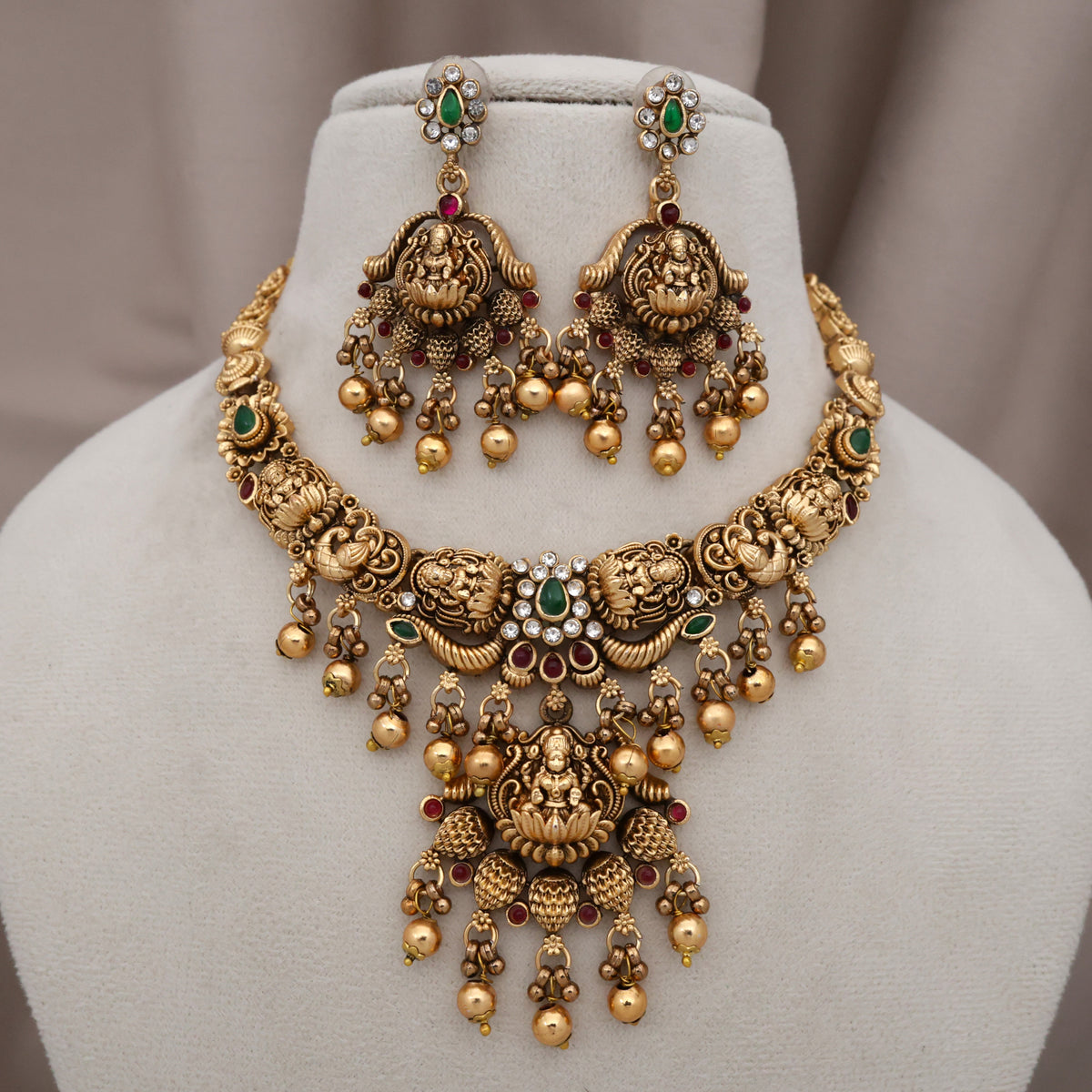 Real Gold Inspired Nagas Antique Gold Lakshmi Budget Bridal Necklace Set