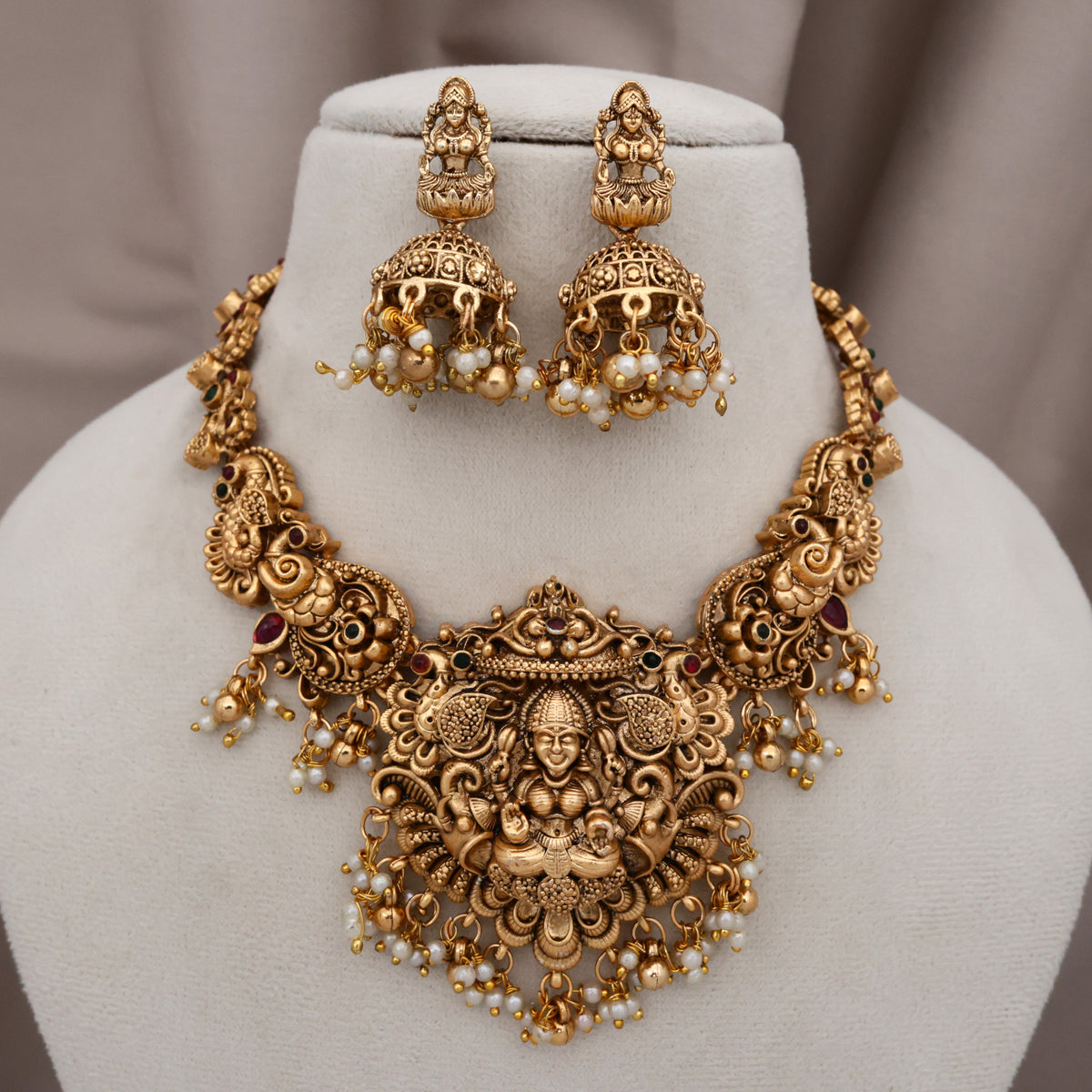 Gold Look Nagas Peacock Lakshmi Budget Bridal Necklace Set