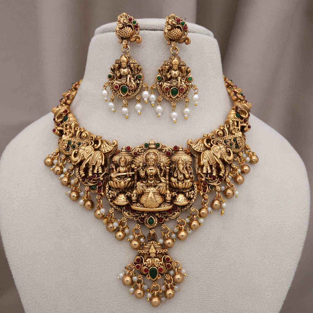 Saraswati Lakshmi Ganesha Antique Matte Bridal Budget Necklace Set