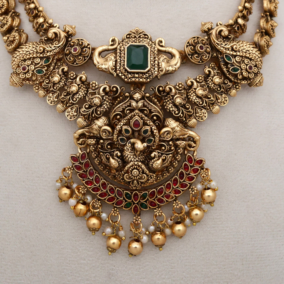 Antique Matte Double Line Peacock Bridal Budget Necklace Set