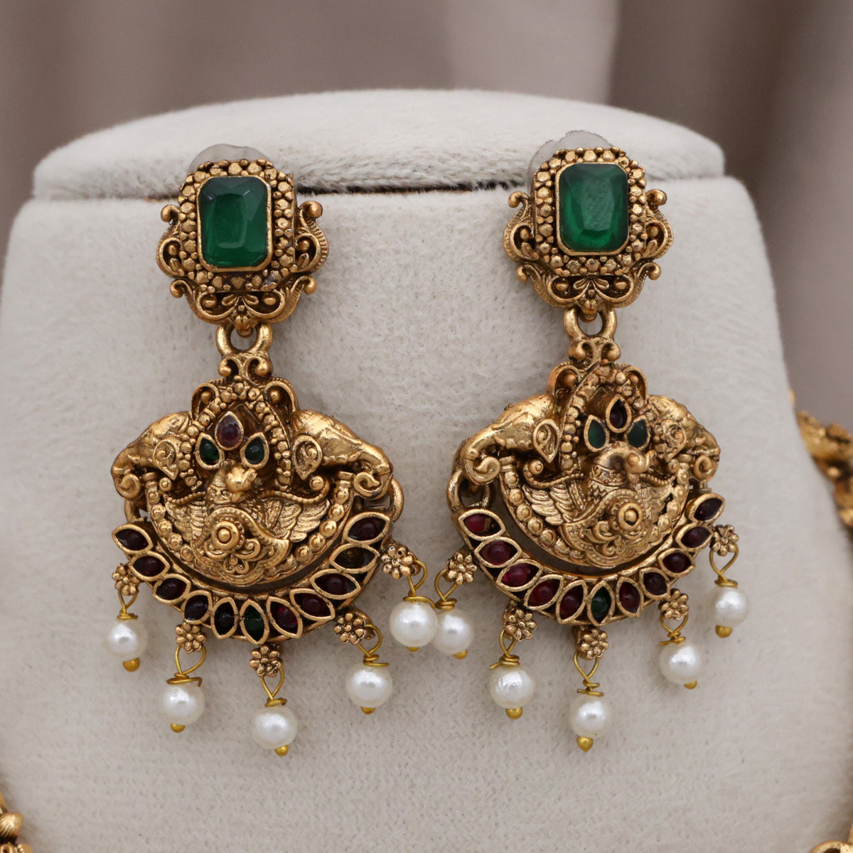 Antique Matte Double Line Peacock Bridal Budget Necklace Set
