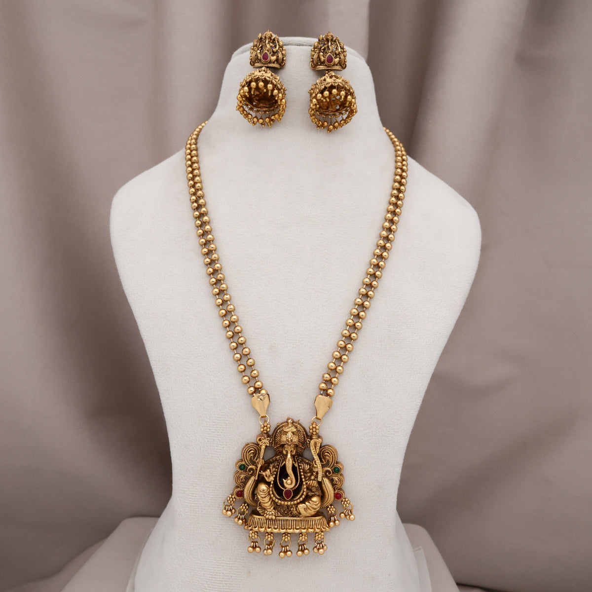 Antique Matte Double Line Mani Mala Raj Ganesha Pendant Mid Length Necklace Set - Ruby