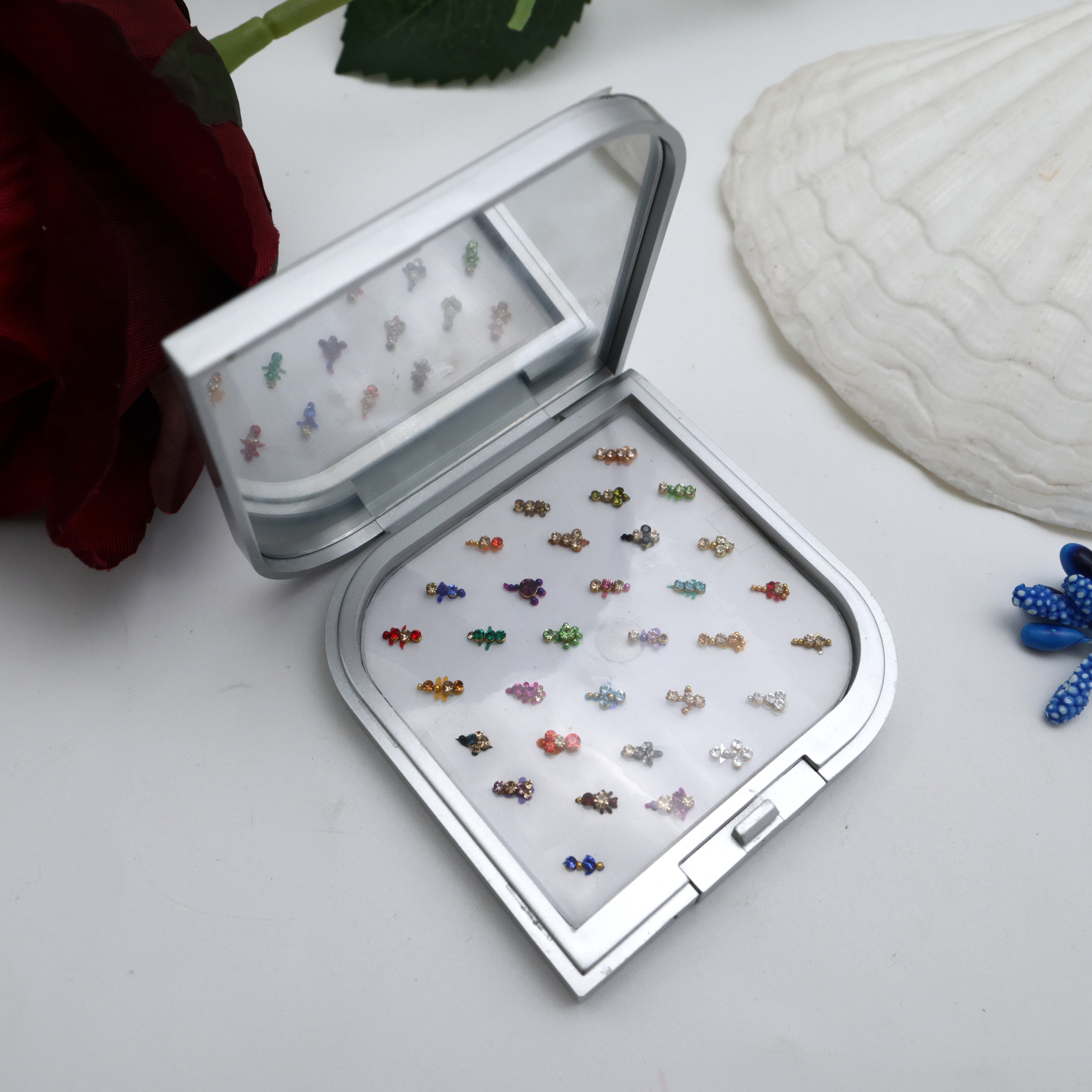 Premium Stone Flower Small Fancy Bindi Box With Mirror