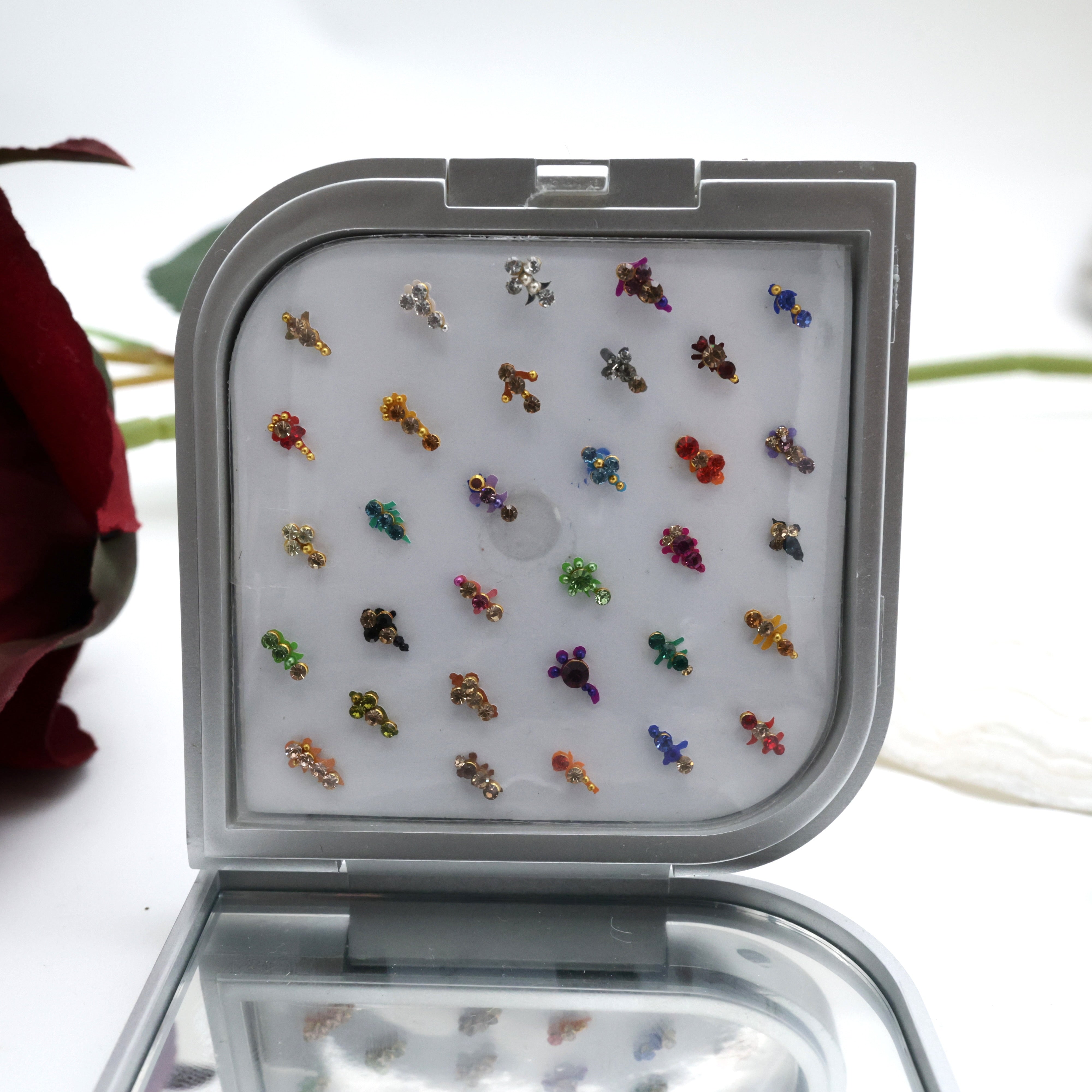 Premium Stone Flower Small Fancy Bindi Box With Mirror