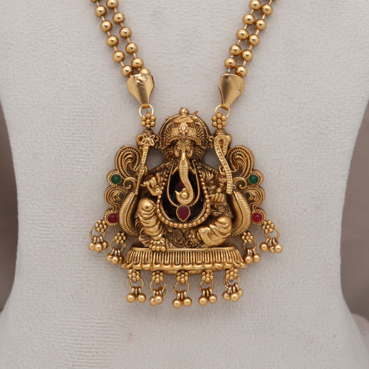 Antique Matte Double Line Mani Mala Raj Ganesha Pendant Mid Length Necklace Set - Ruby