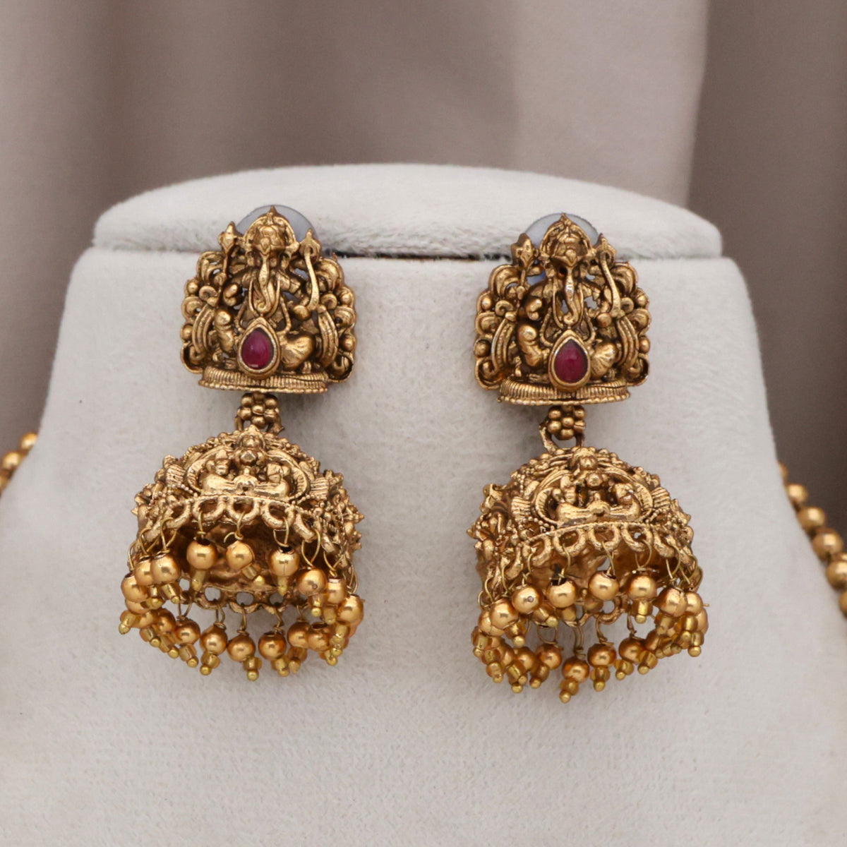 Antique Matte Double Line Mani Mala Raj Ganesha Pendant Mid Length Necklace Set - Ruby