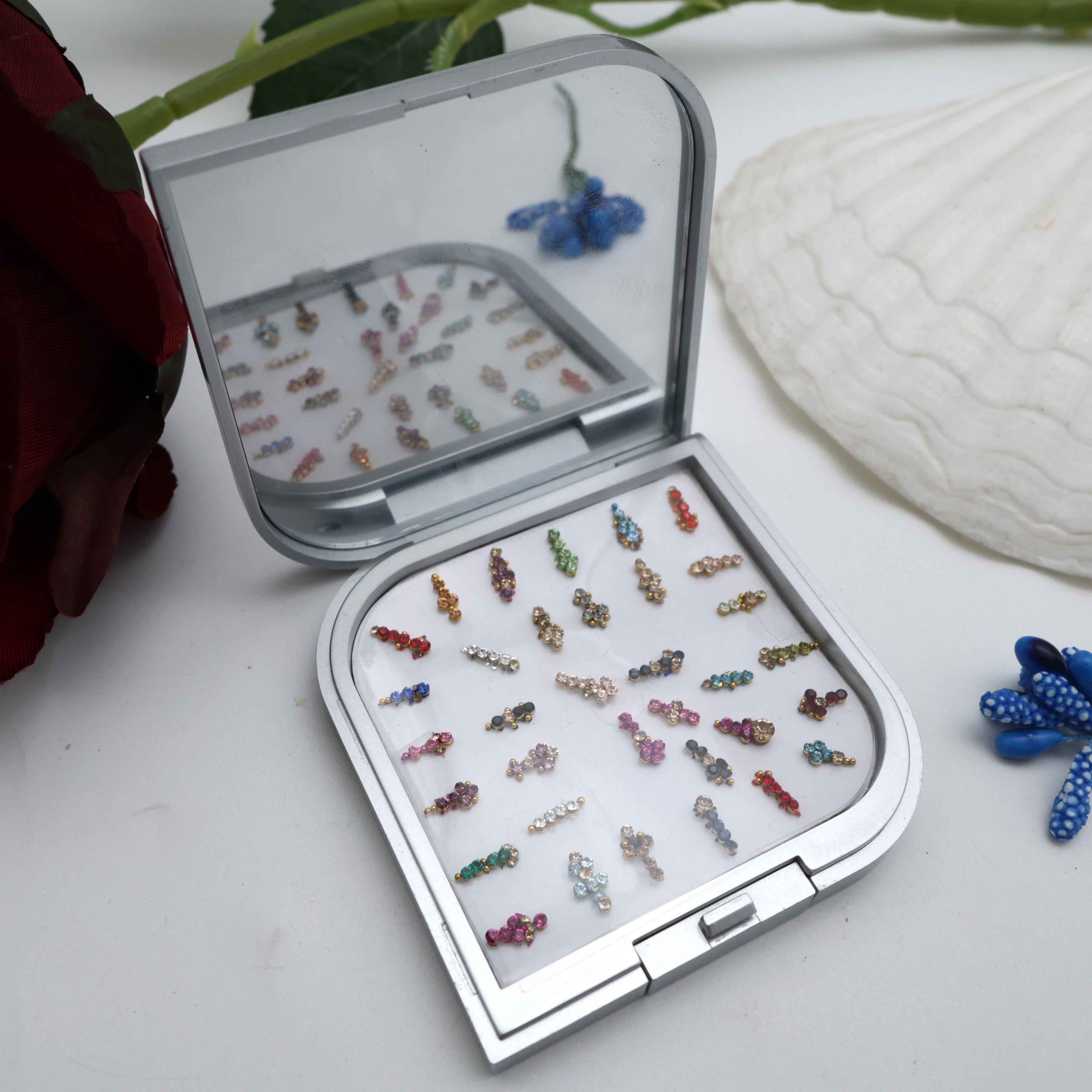 PREMIUM STONE WORK LONG FANCY TILAK FLOWER BINDI BOX WITH MIRROR