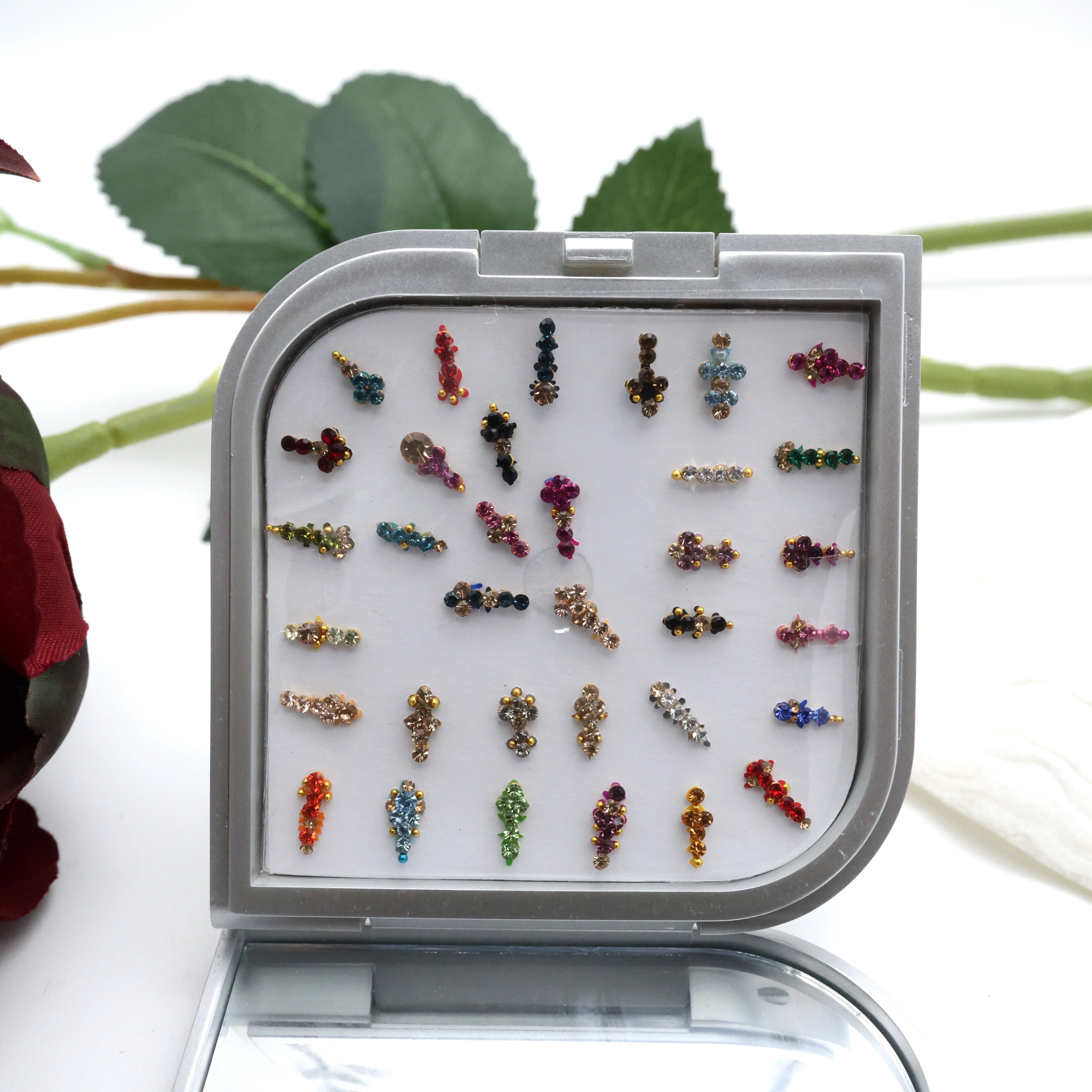 PREMIUM STONE WORK LONG FANCY TILAK FLOWER BINDI BOX WITH MIRROR