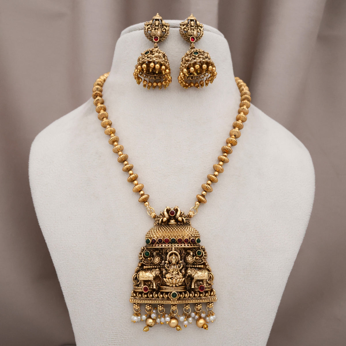 Antique Matte Chakri Beads Lakshmi Temple Pendant Budget Mala Set