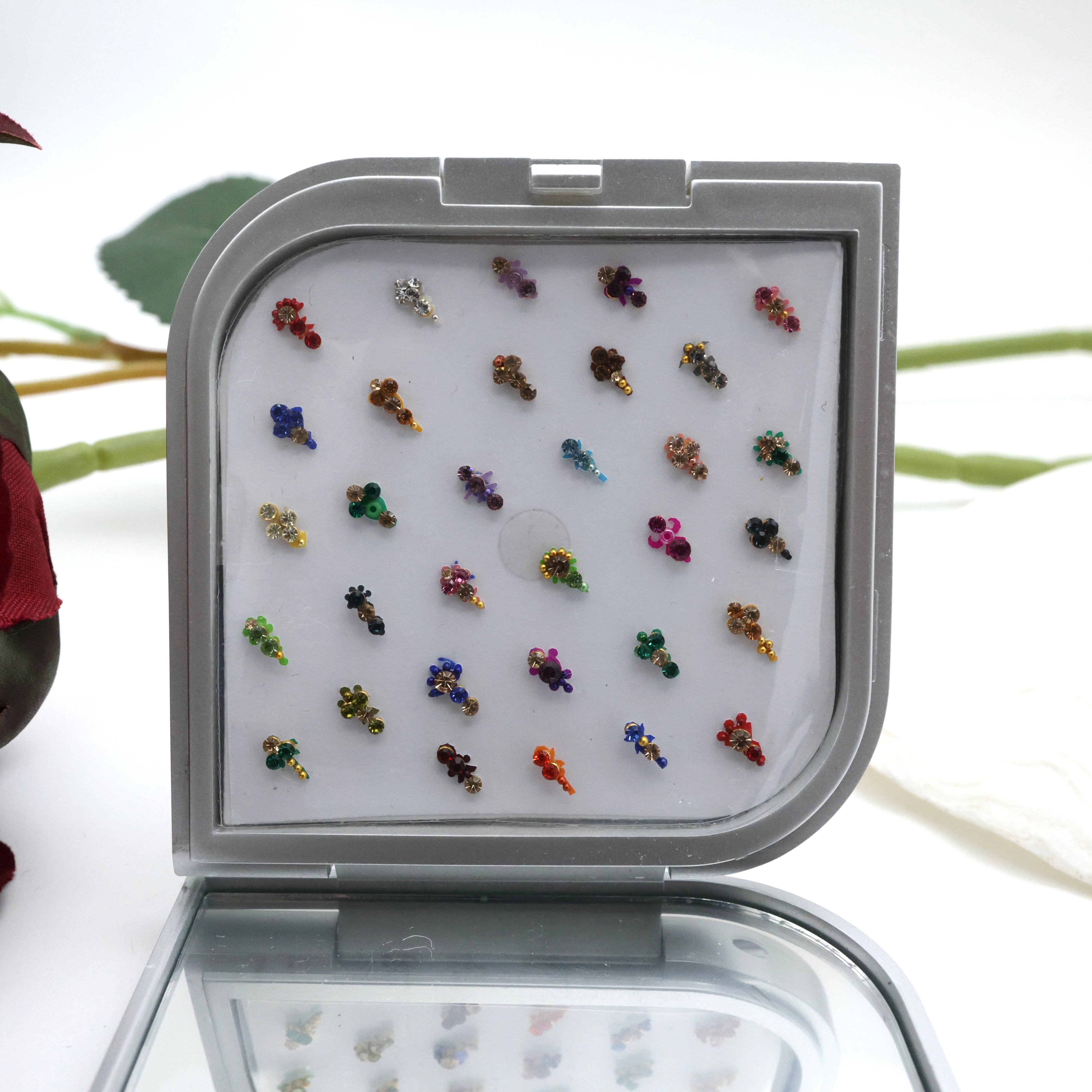 PREMIUM STONE WORK FANCY FLOWER BINDI BOX WITH MIRROR