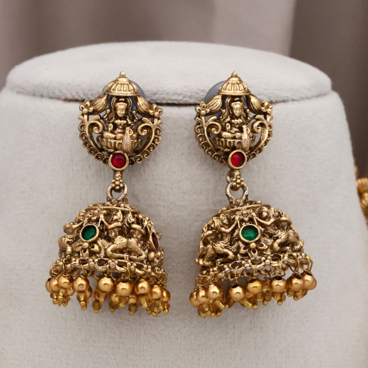 Antique Matte Chakri Beads Lakshmi Temple Pendant Budget Mala Set