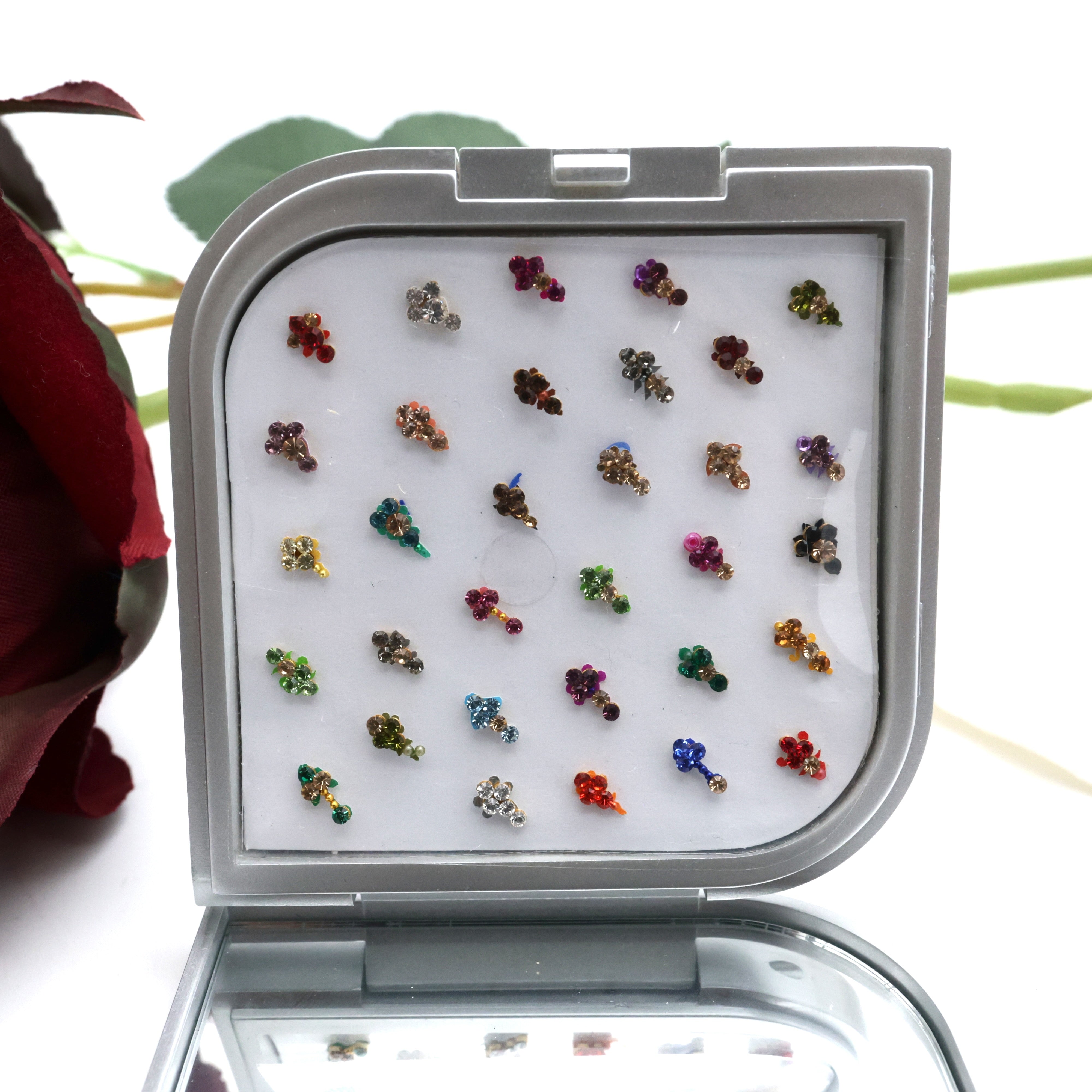 PREMIUM FANCY SMALL FLOWER TILAK STONE WORK BINDI BOX WITH MIRROR