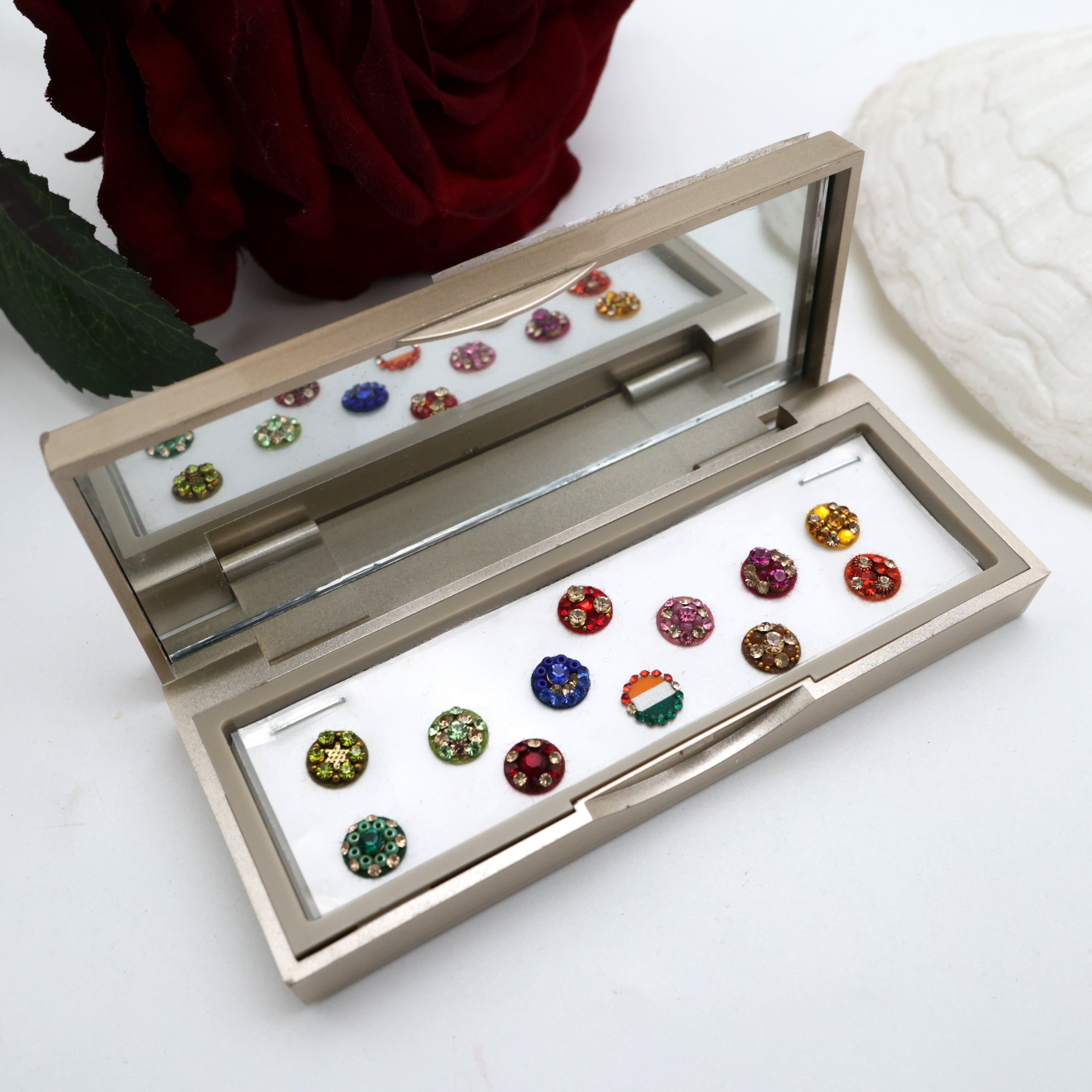 PREMIUM STONE WORK ROUND FANCY BRIDAL BINDIS BOX WITH MIRROR