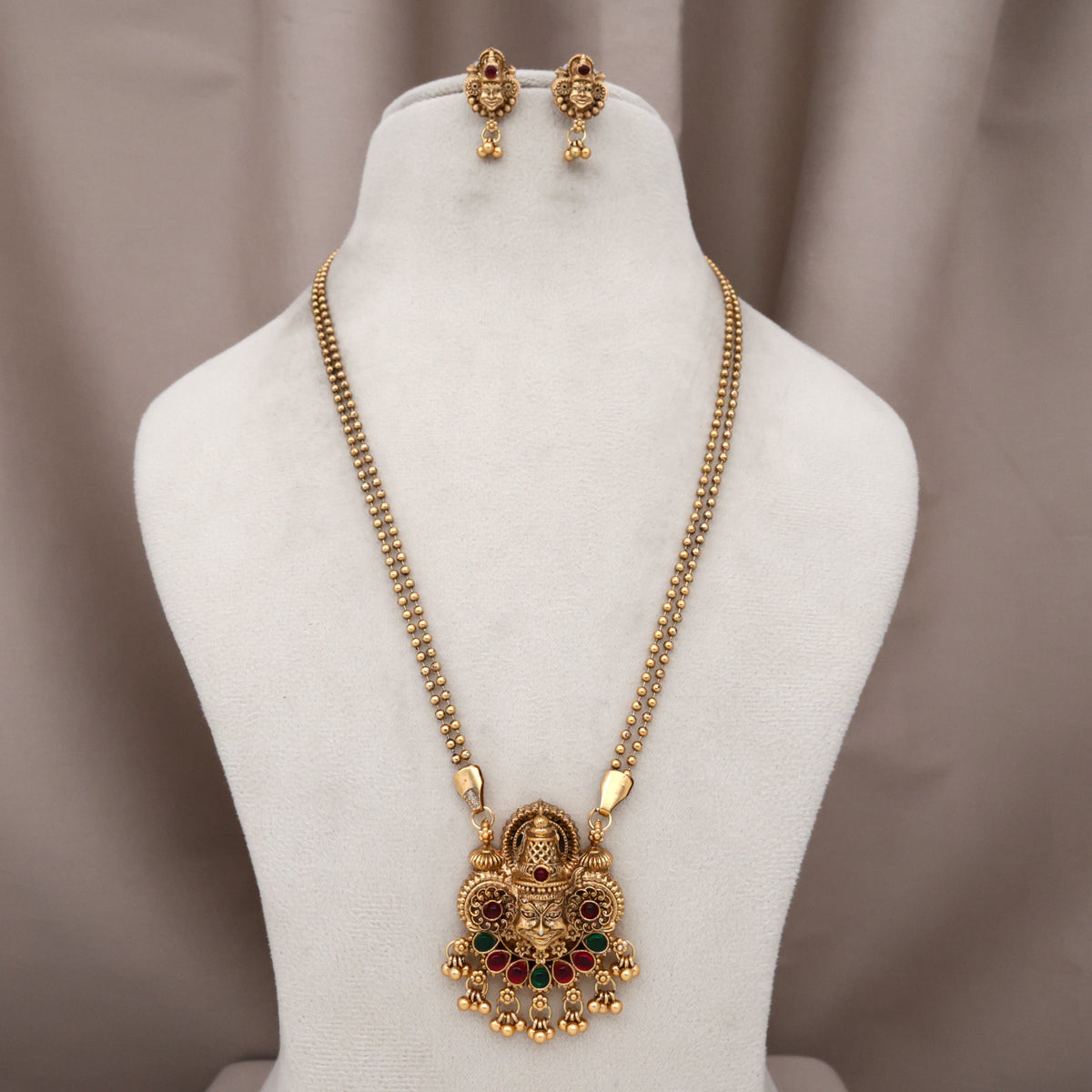 Antique Gold Kathakali Face Pendant Double Line Mani Mala Necklace Set