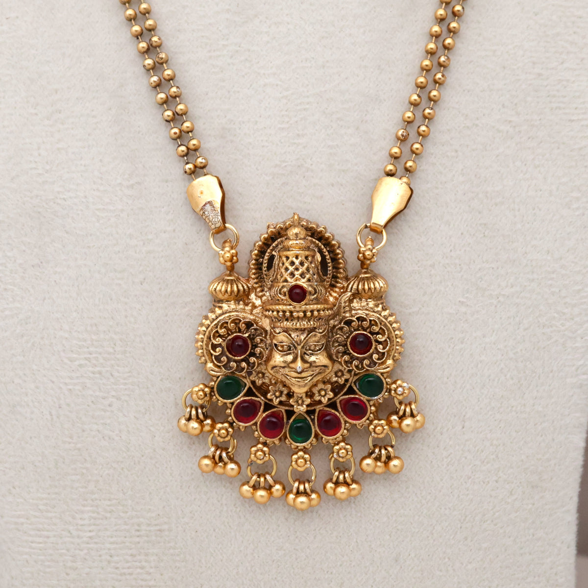 Antique Gold Kathakali Face Pendant Double Line Mani Mala Necklace Set