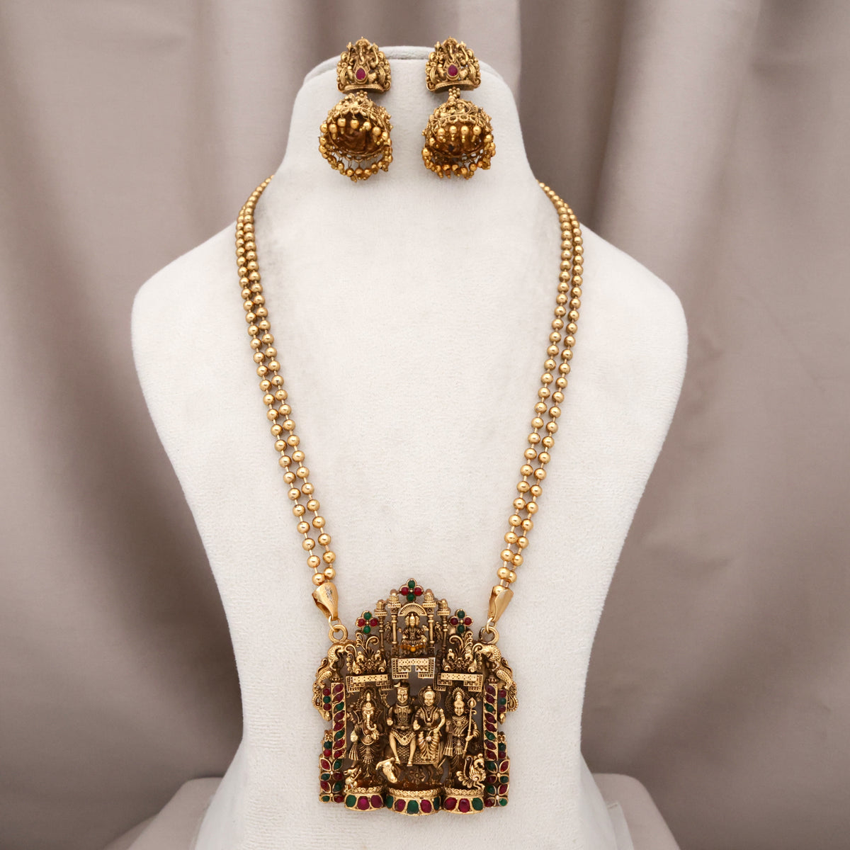 Antique Nagas Shiv Parvati Ganesha Muruga Pendant Double Line Mani Mala Necklace Set