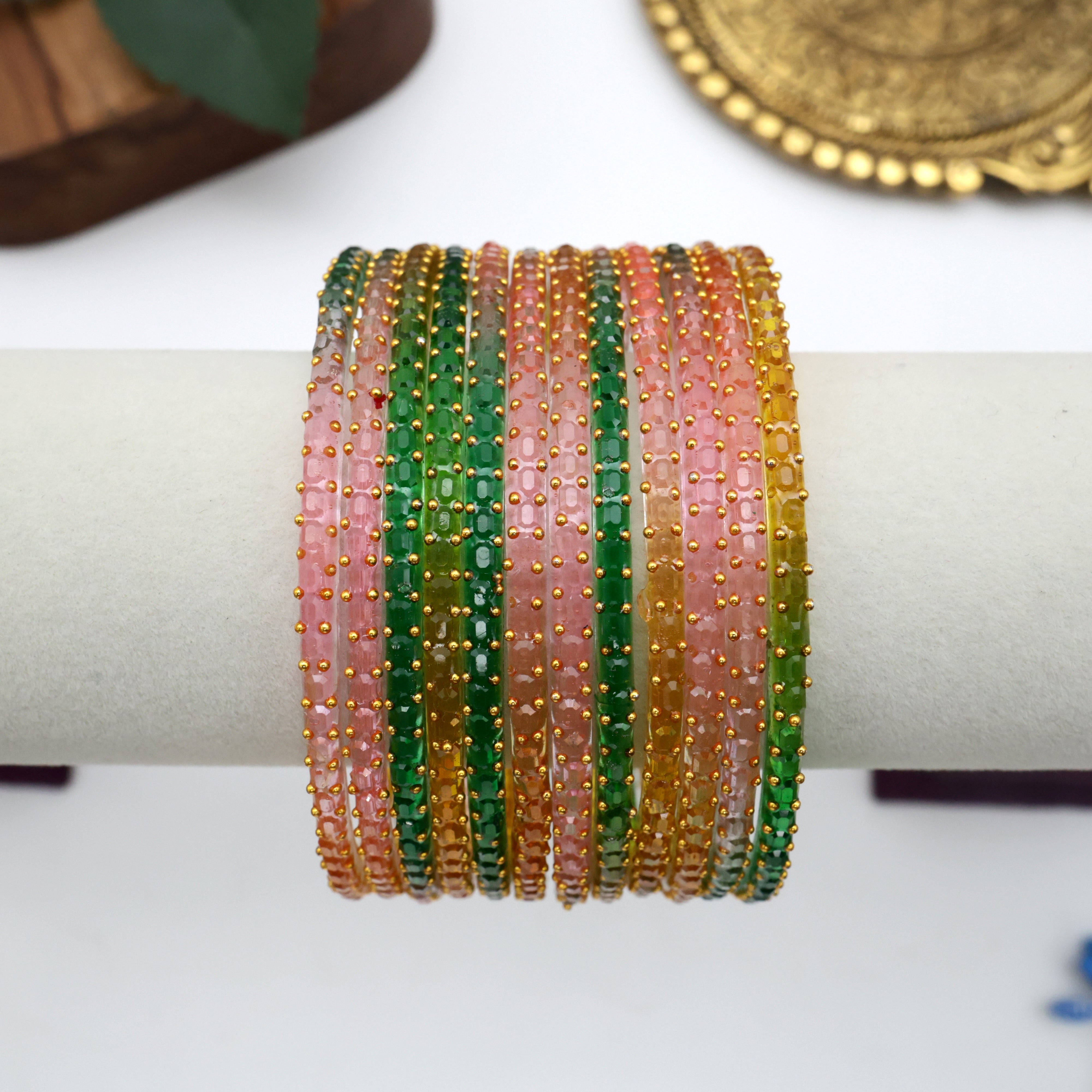 CUBE CUT RAINDROP GLASS BANGLES - LIGHT MULTI (ONE DOZEN)