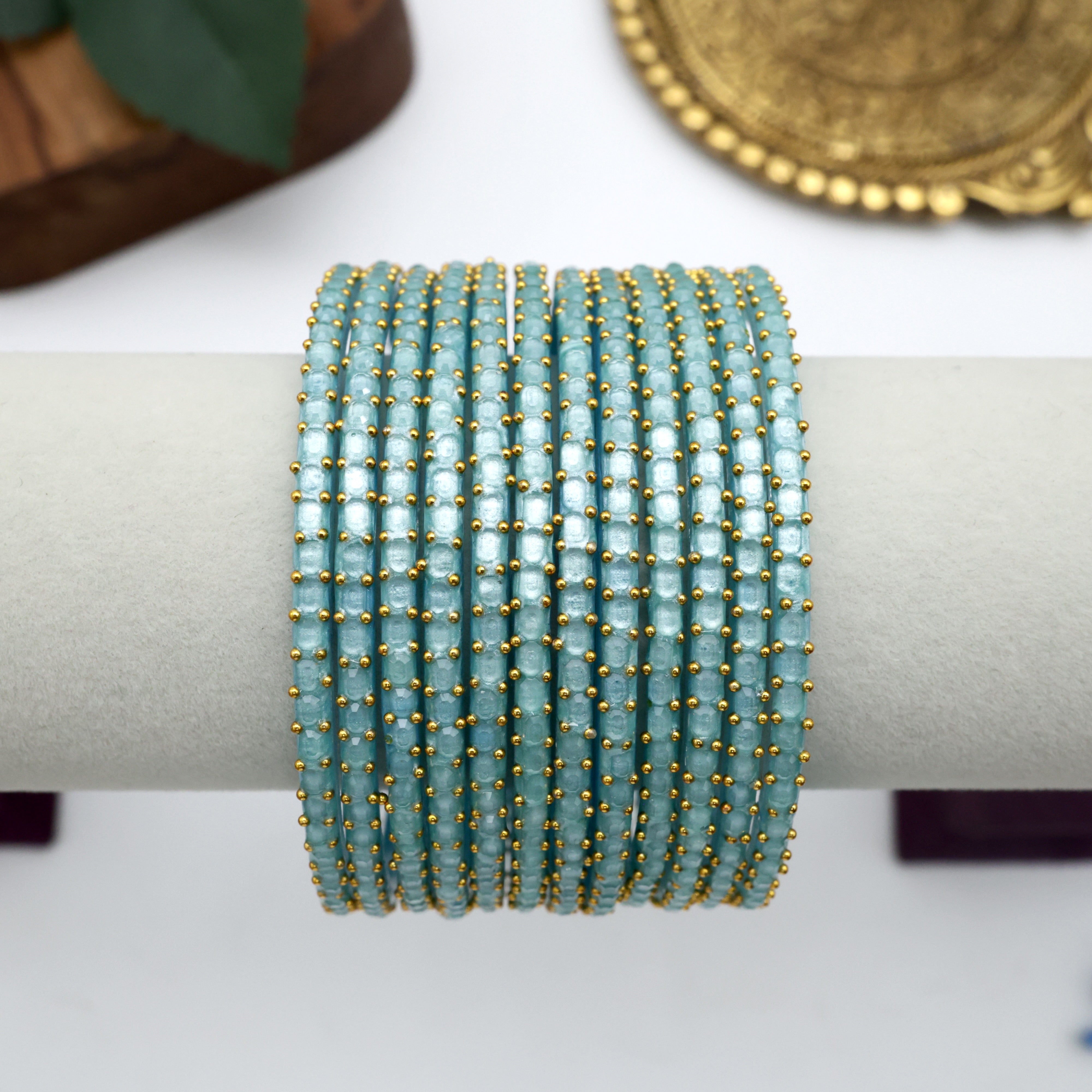 PREMIUM BRICK CUT GLASS BANGLES (ONE DOZEN) - ICE BLUE
