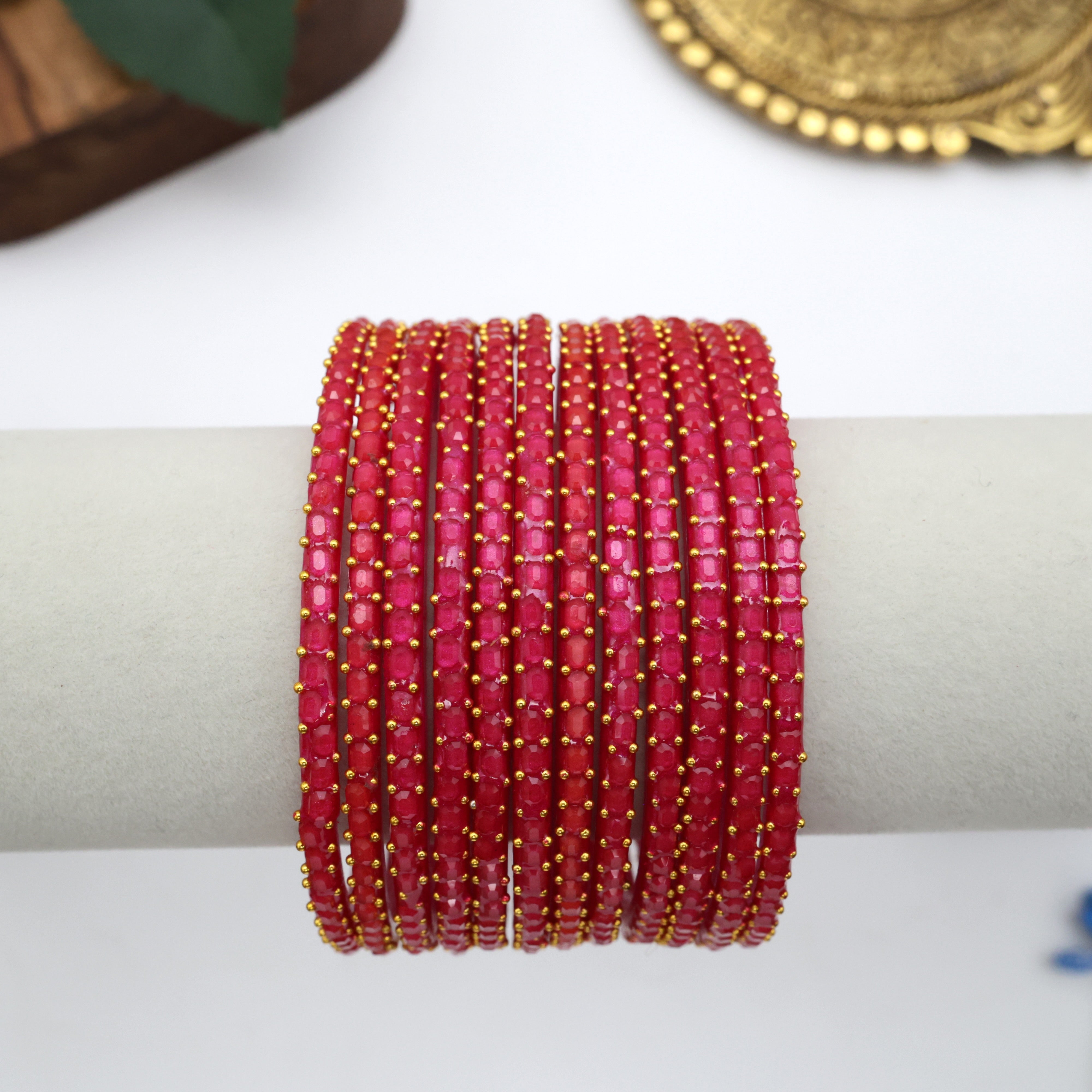 PREMIUM BRICK CUT GLASS BANGLES (ONE DOZEN)- HOT PINK