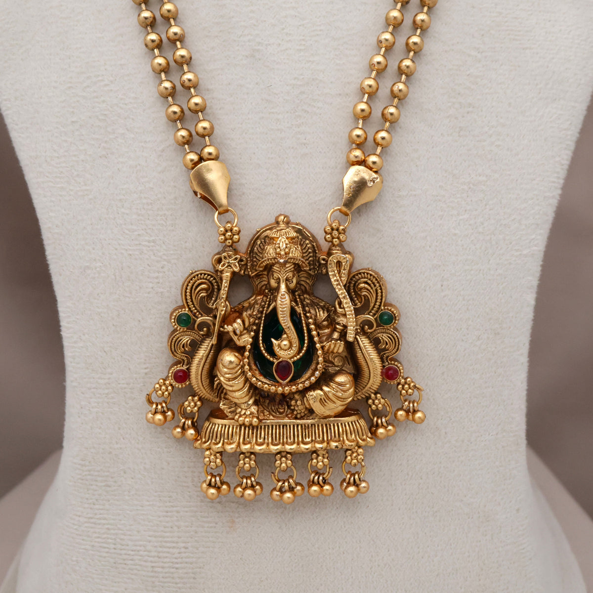 Antique Nagas Ganapathy Pendant Double Line Mani Mala Necklace Set