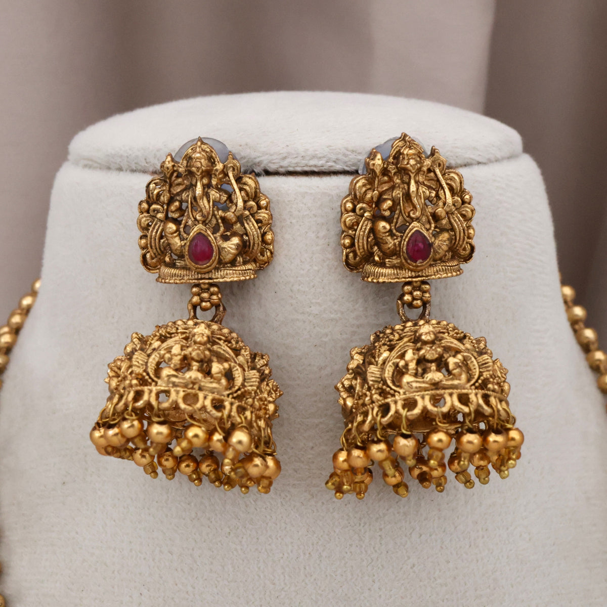 Antique Nagas Ganapathy Pendant Double Line Mani Mala Necklace Set