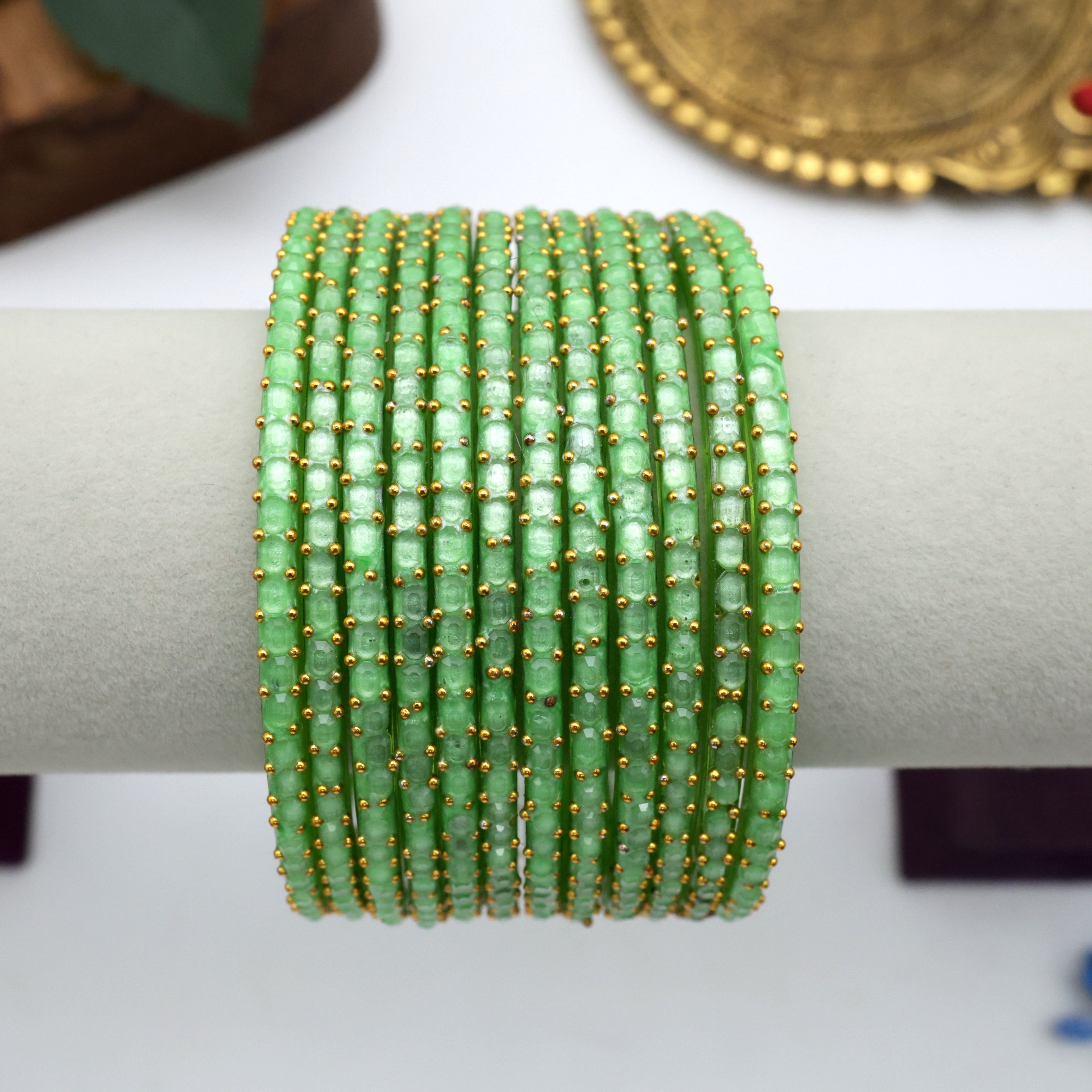 PREMIUM BRICK CUT GLASS BANGLES (ONE DOZEN)- PISTA GREEN