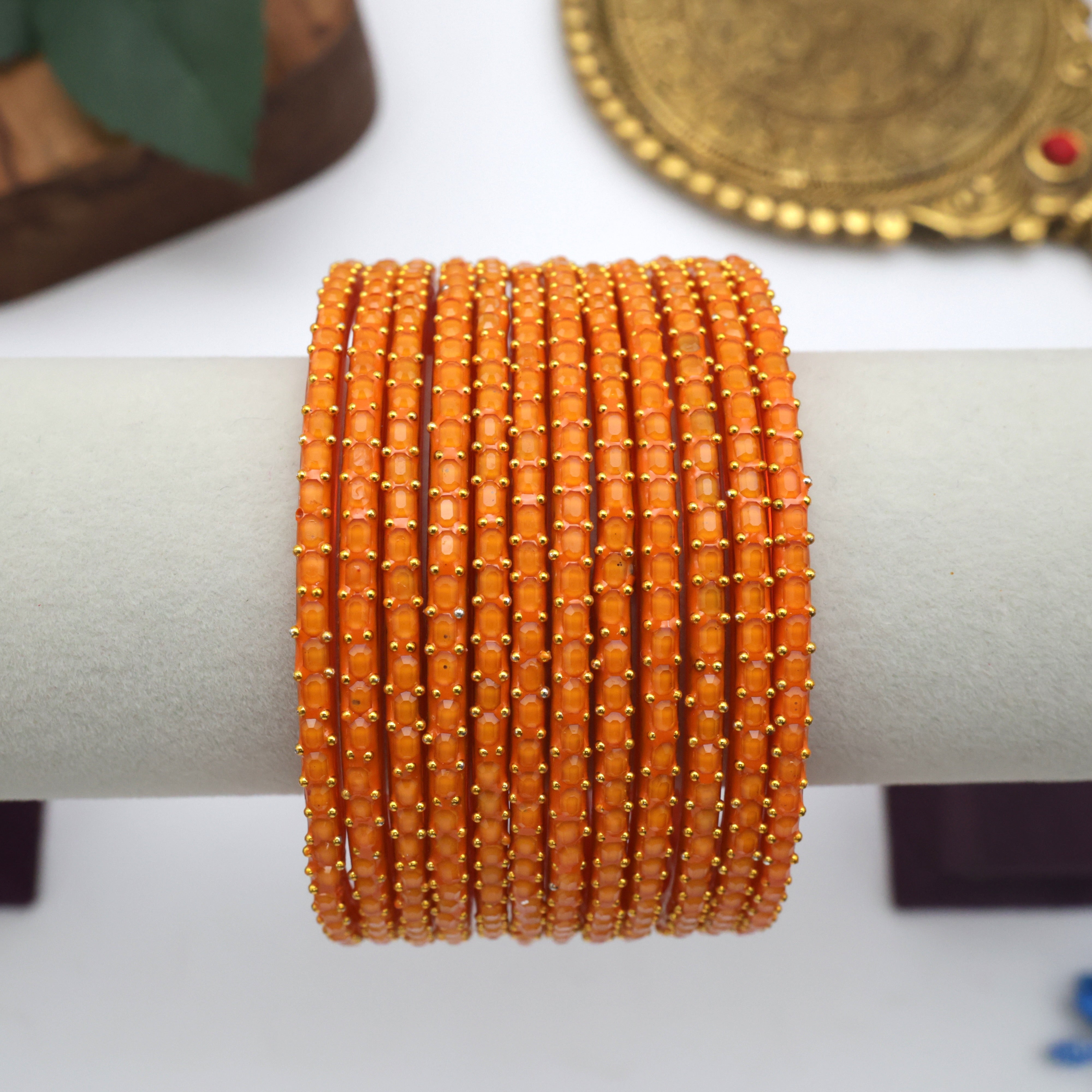 PREMIUM BRICK CUT GLASS BANGLES (ONE DOZEN) - ORANGE
