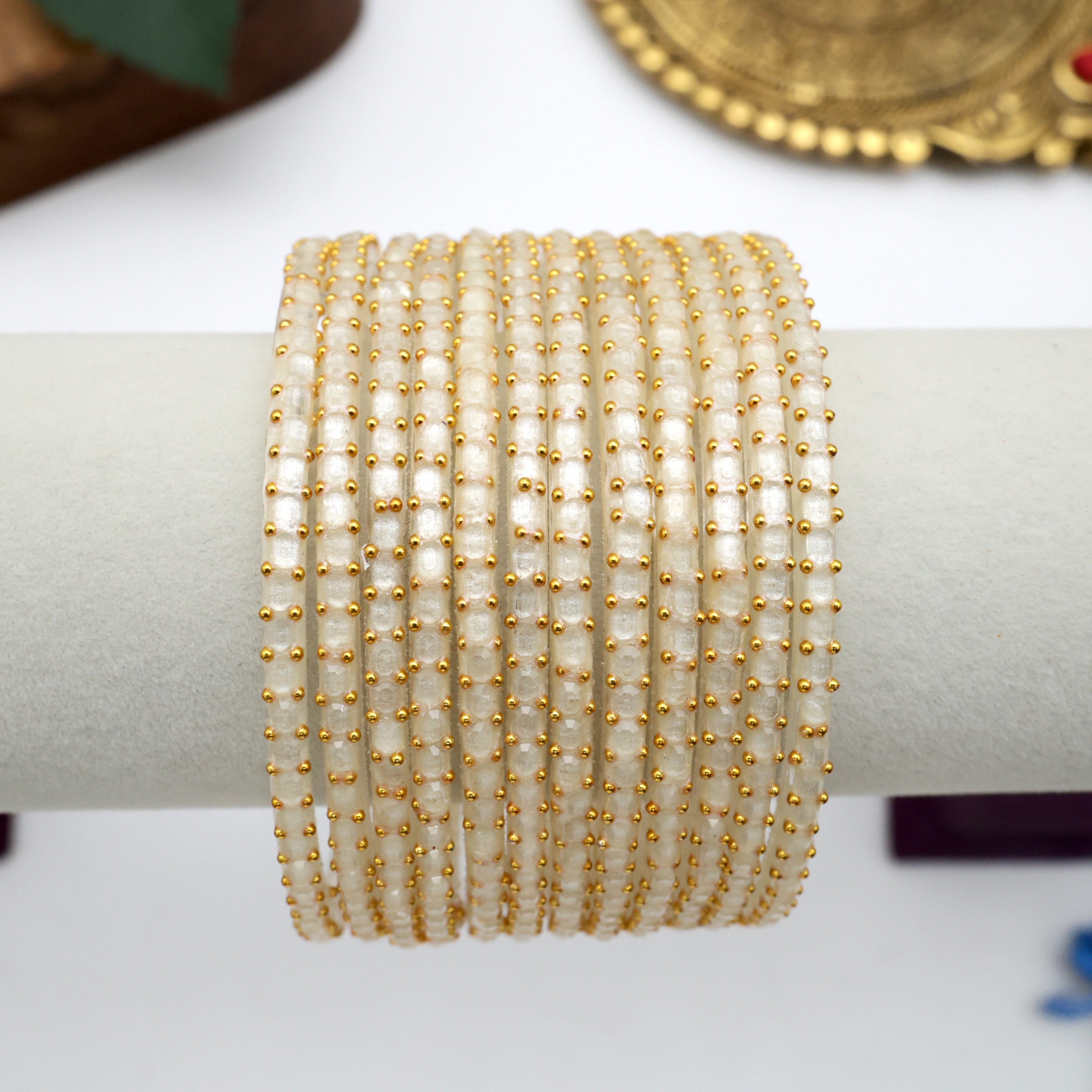 PREMIUM BRICK CUT GLASS BANGLES (ONE DOZEN) - CREAM