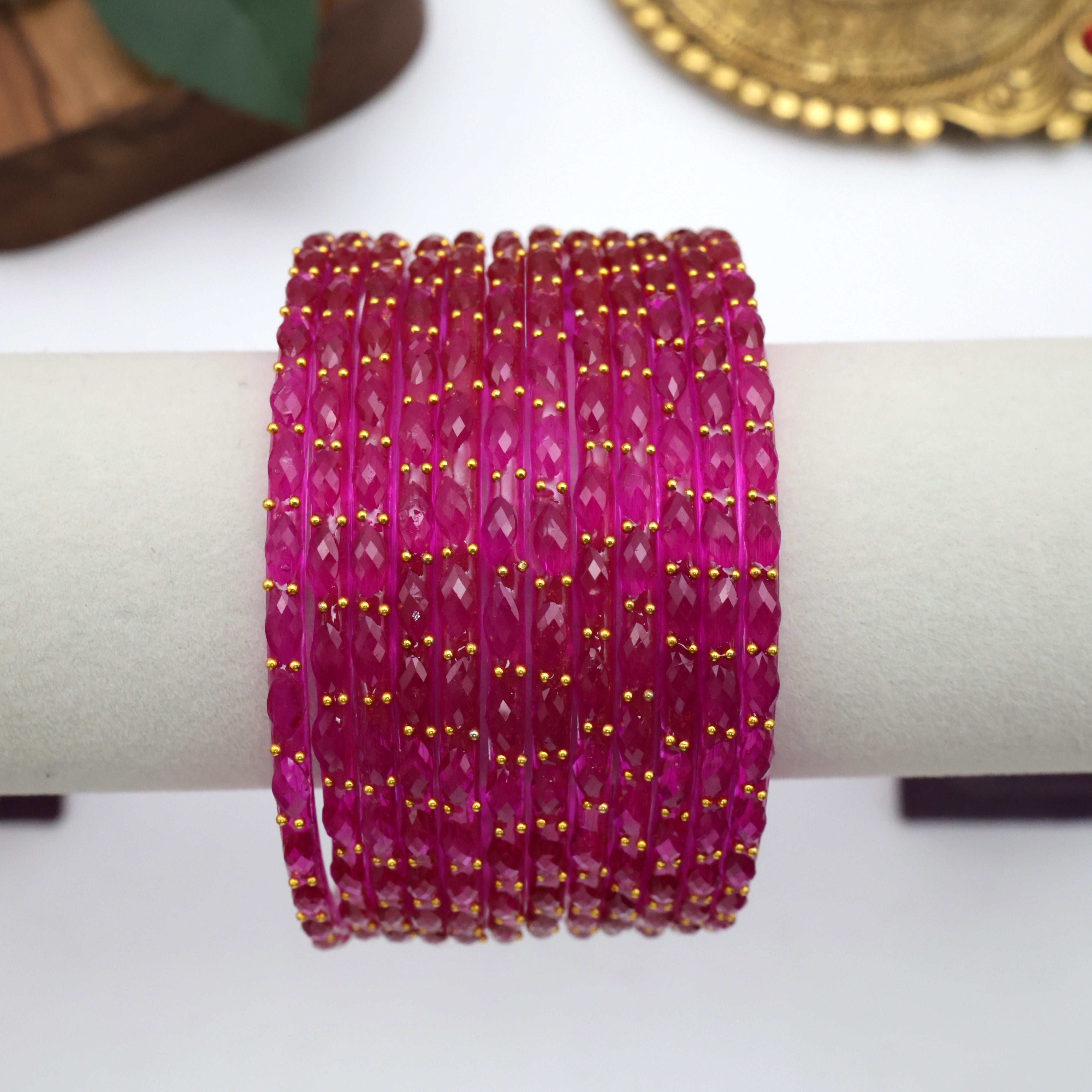Raindrop Crystal Cut Glass Bangles - Rani pink