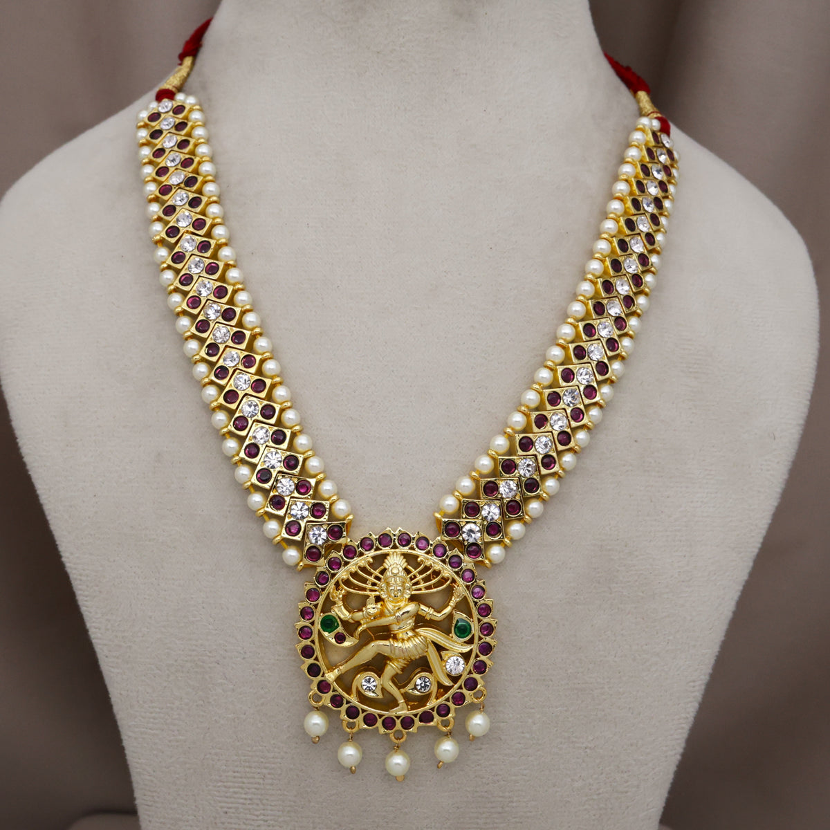 Premium Gold Tone Real Kemp Nataraja Pendant Temple Necklace