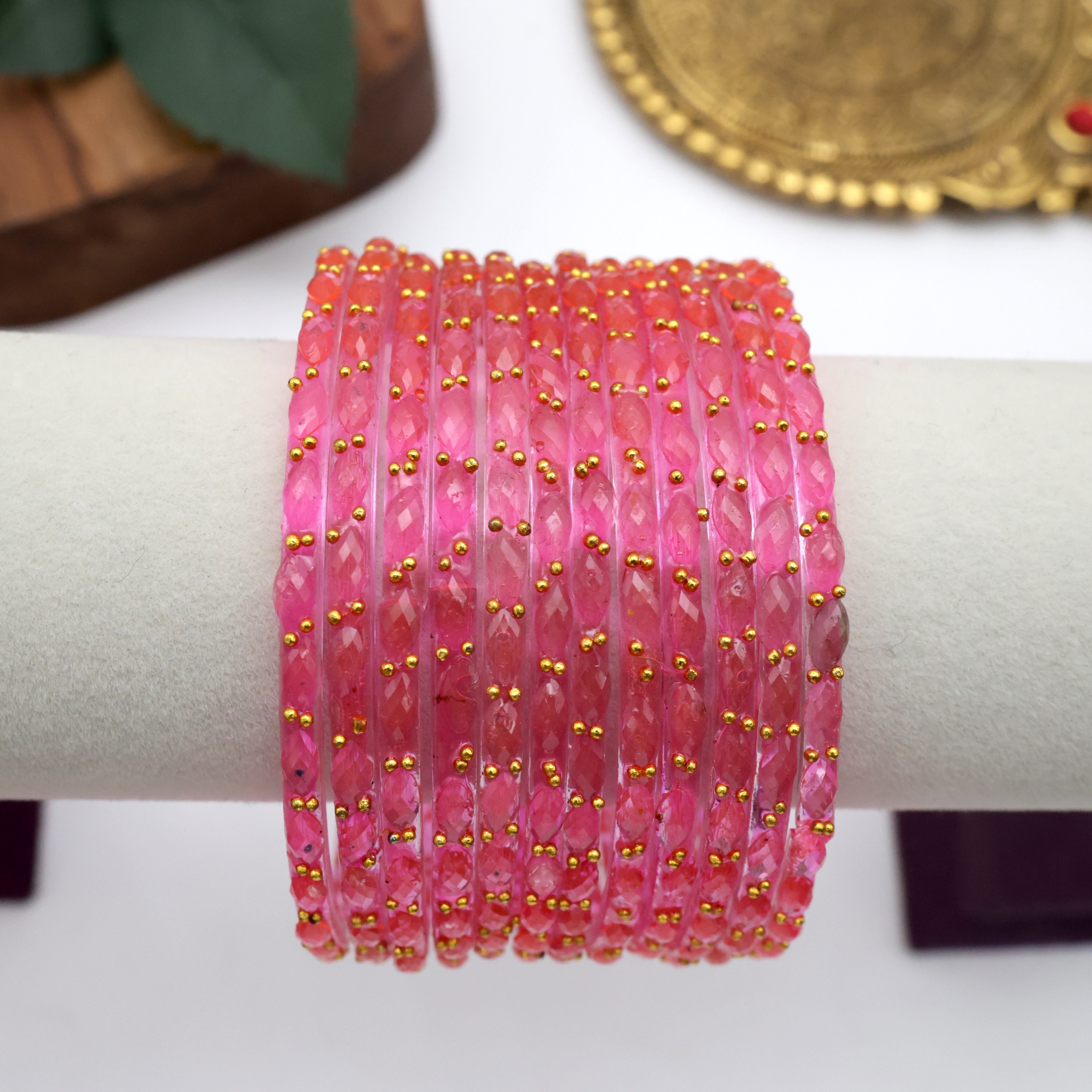 Raindrop Crystal Cut Glass Bangles - Light Pink