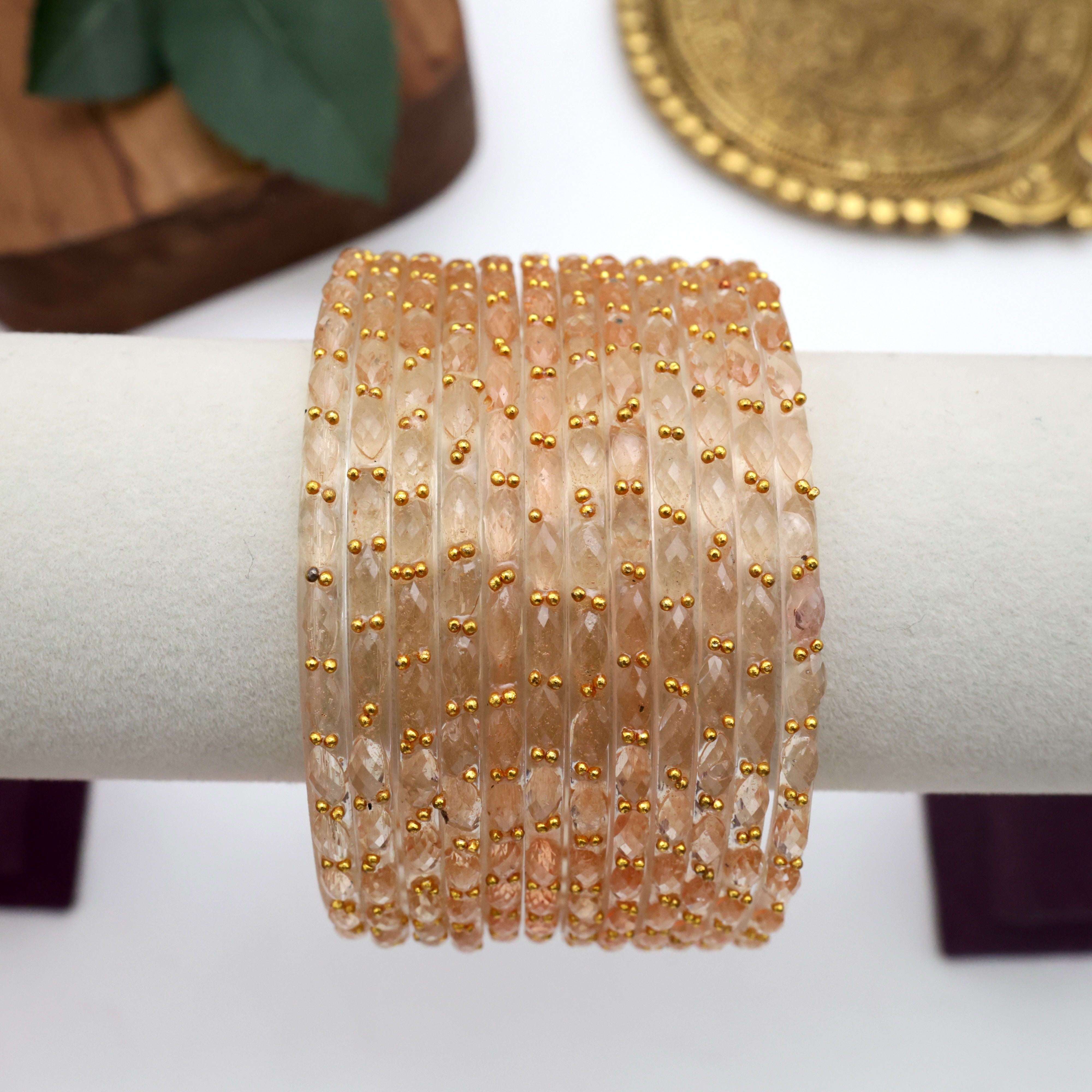 Raindrop Crystal Cut Glass Bangles - Light Peach