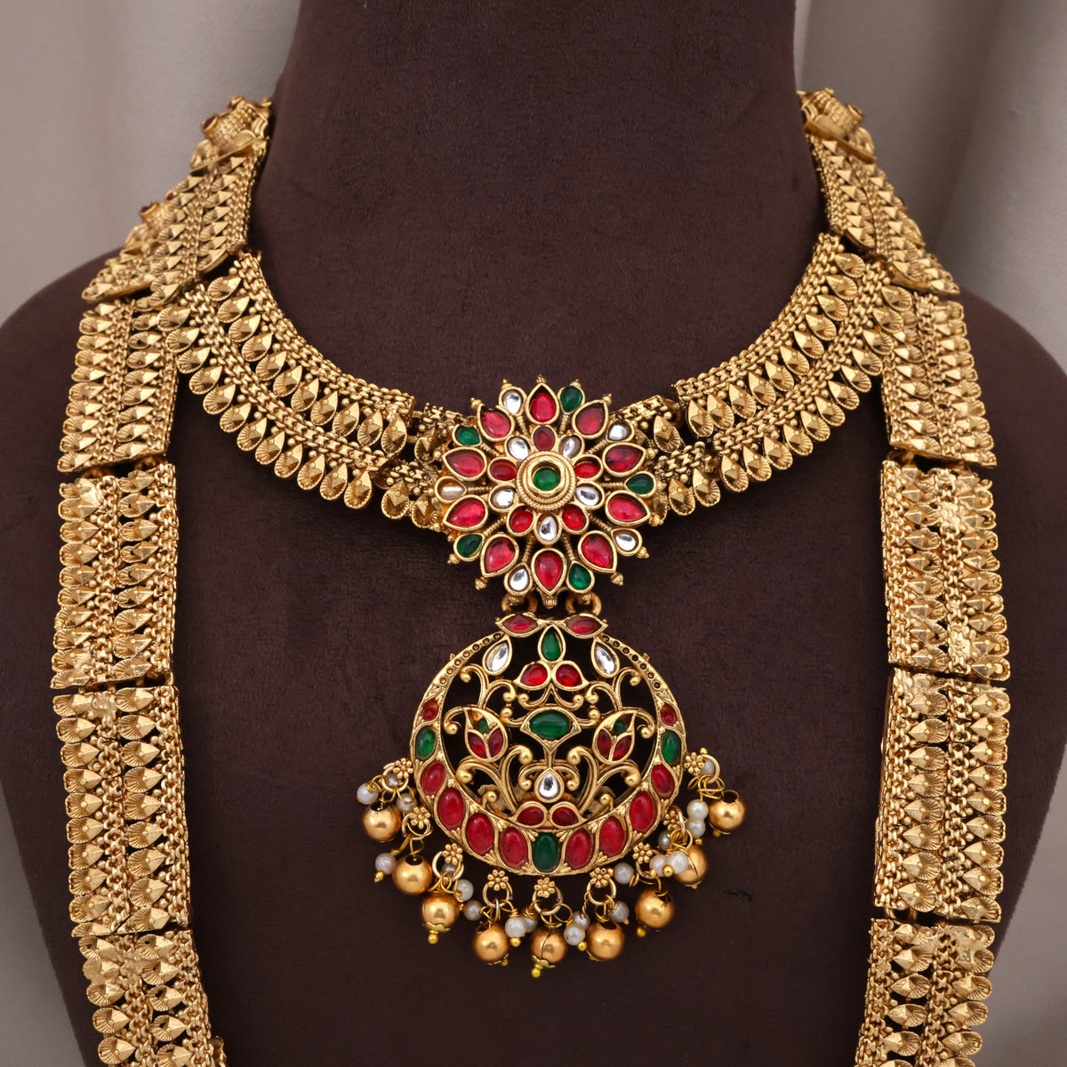 Antique Doubel Layer Tilak Drops Kemp Chaandbali Pendant Budget Bridal Combo Set