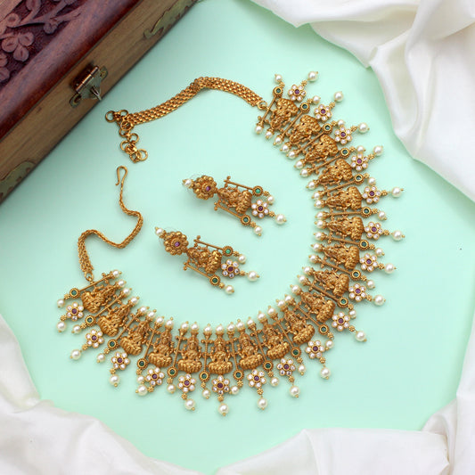 Matte Finish Intricate Lakshmi AD Flower Bridal Necklace