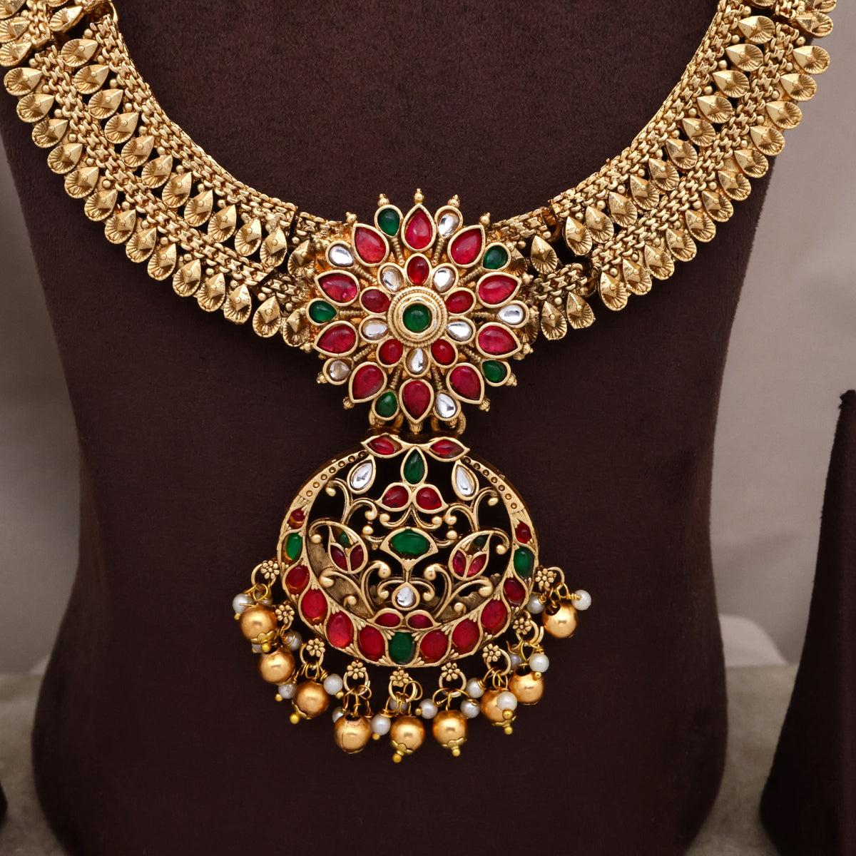 Antique Doubel Layer Tilak Drops Kemp Chaandbali Pendant Budget Bridal Combo Set