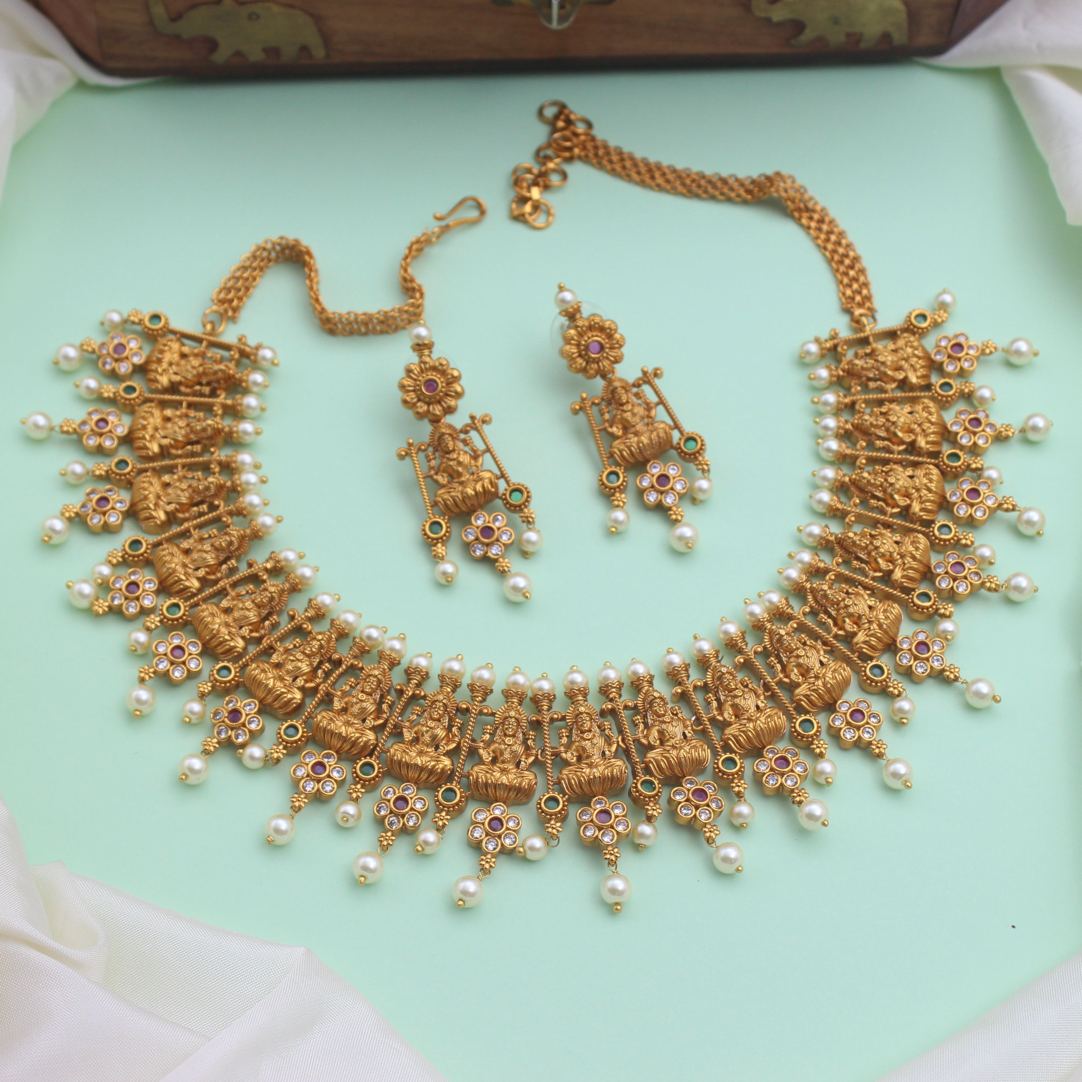 Matte Finish Intricate Lakshmi AD Flower Bridal Necklace