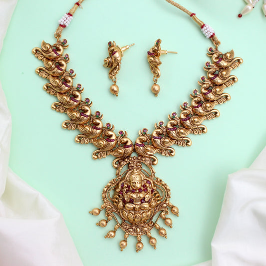Antique Gold Nagas Mahalakshmi Peacock Temple Necklace Set