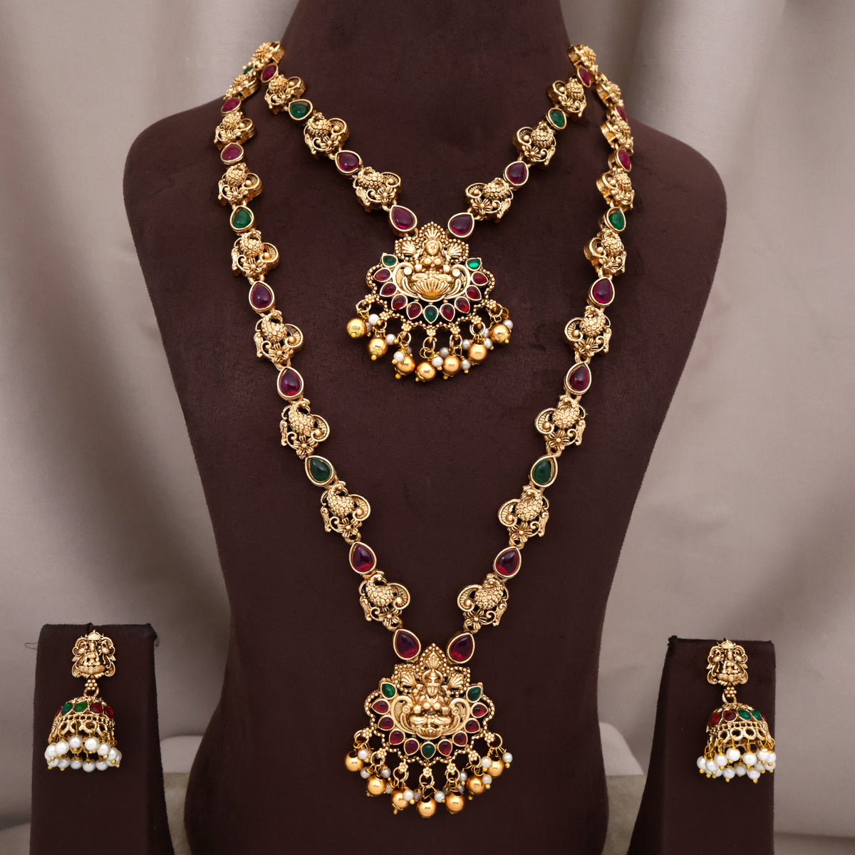 Antique Matte Peacock Lakshmi Long Short Budget Bridal Combo Set